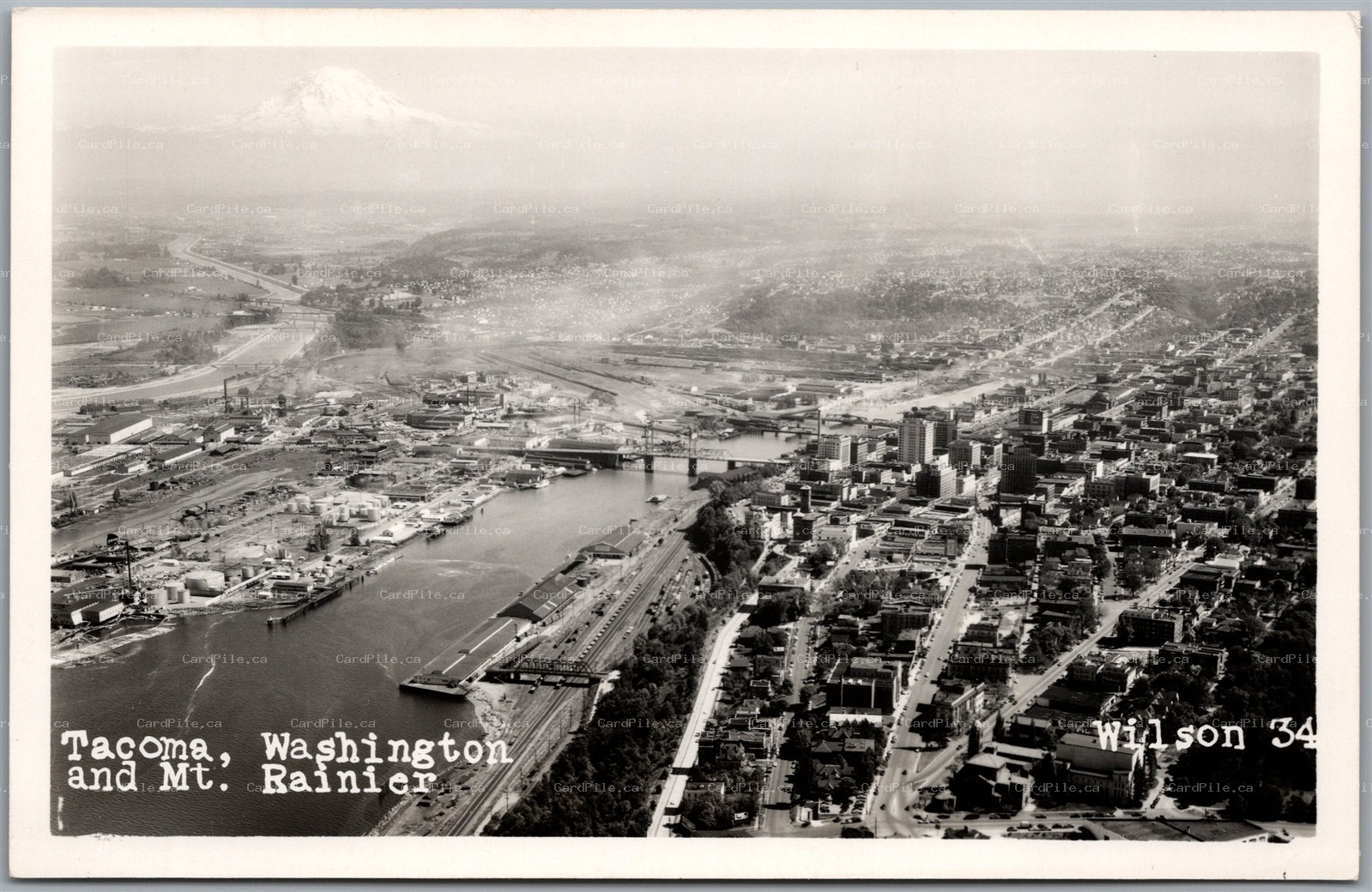 Postcard RPPC Tacoma Washington Aerial View of City and Mt. Ranier by Wilson