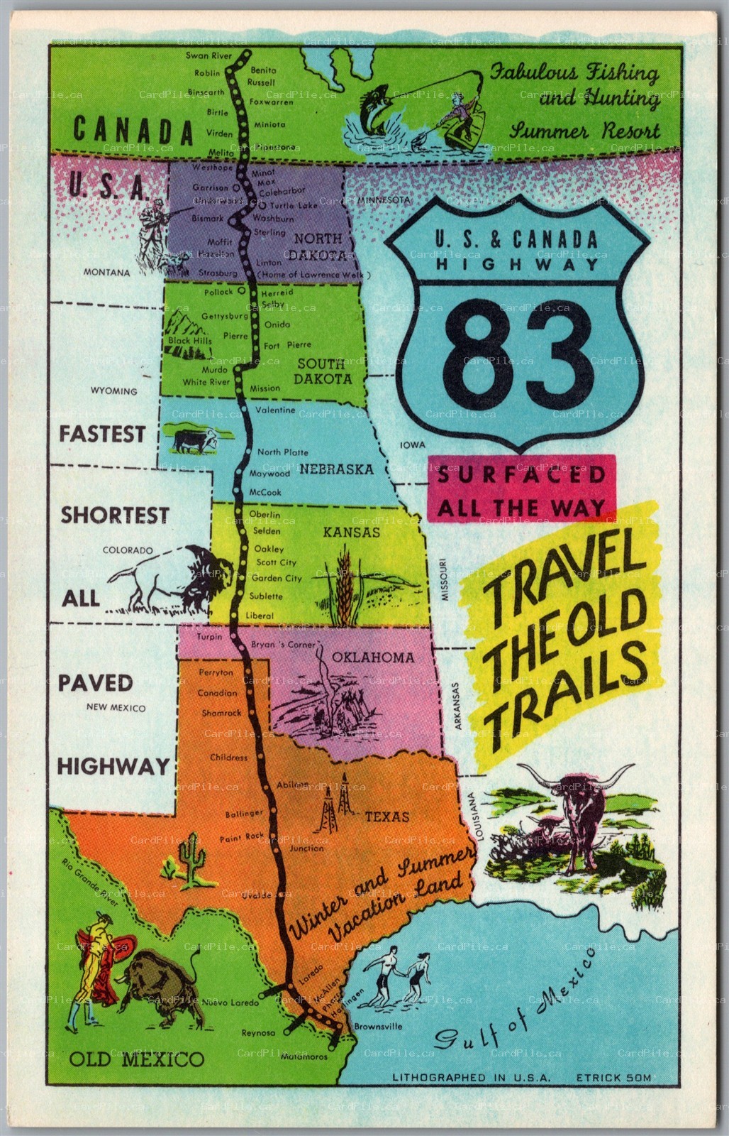 Postcard Map US & Canada Highway 83 Points of Interest Travel the old Trails