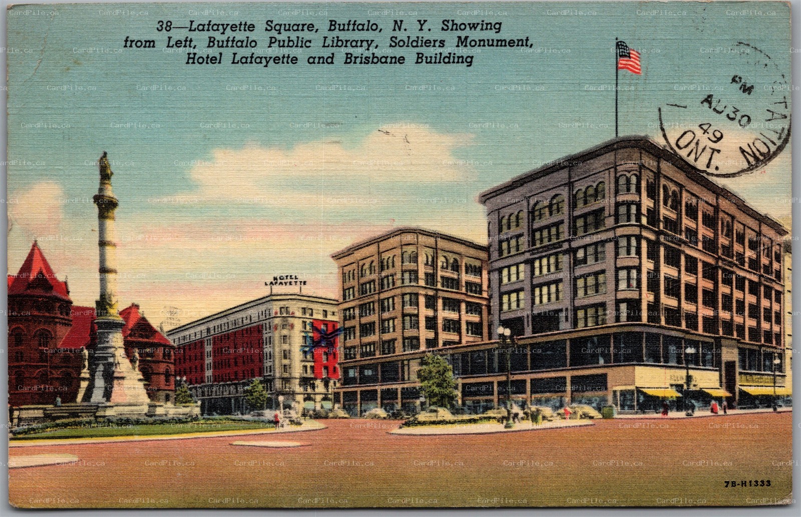 Postcard Buffalo New York c1949 Lafayette Square Soldiers Monument