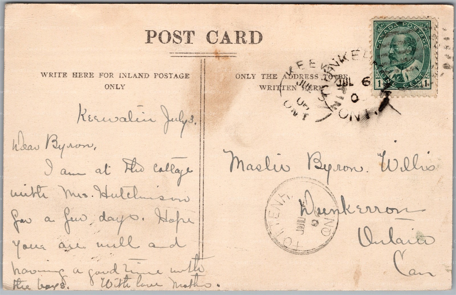 Postcard Split Ring Cancels c1906 Keewatin & Dunkerron Ontario