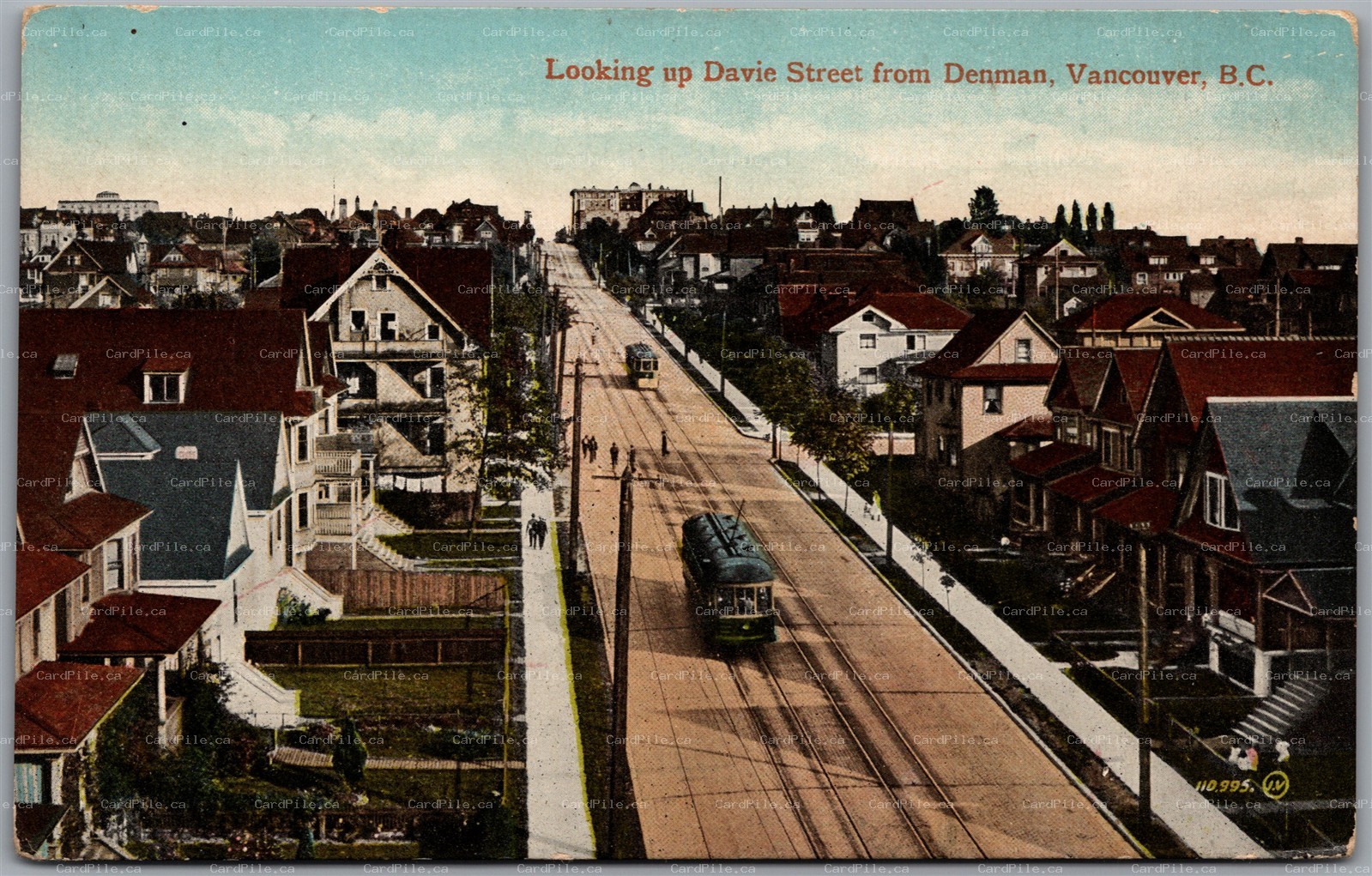 Postcard Vancouver British Columbia Looking up Davie Street from Denman Trolleys