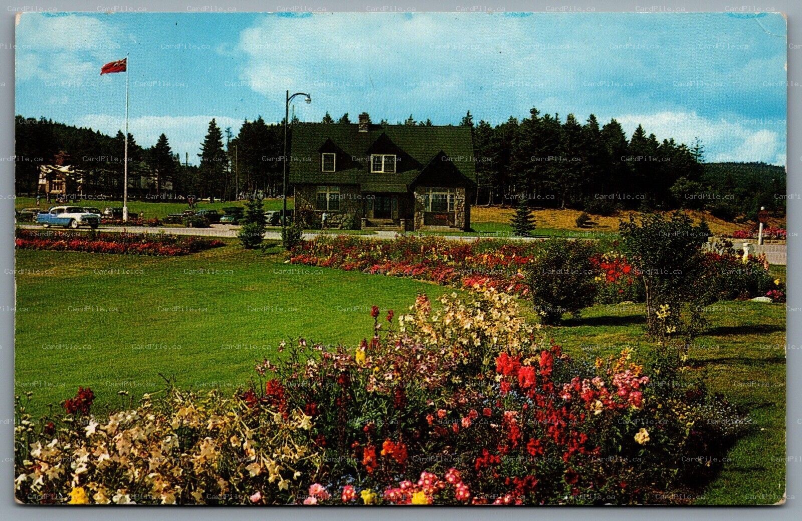 Postcard Fundy National Park NB c1960s Flower Gardens & Administration Building