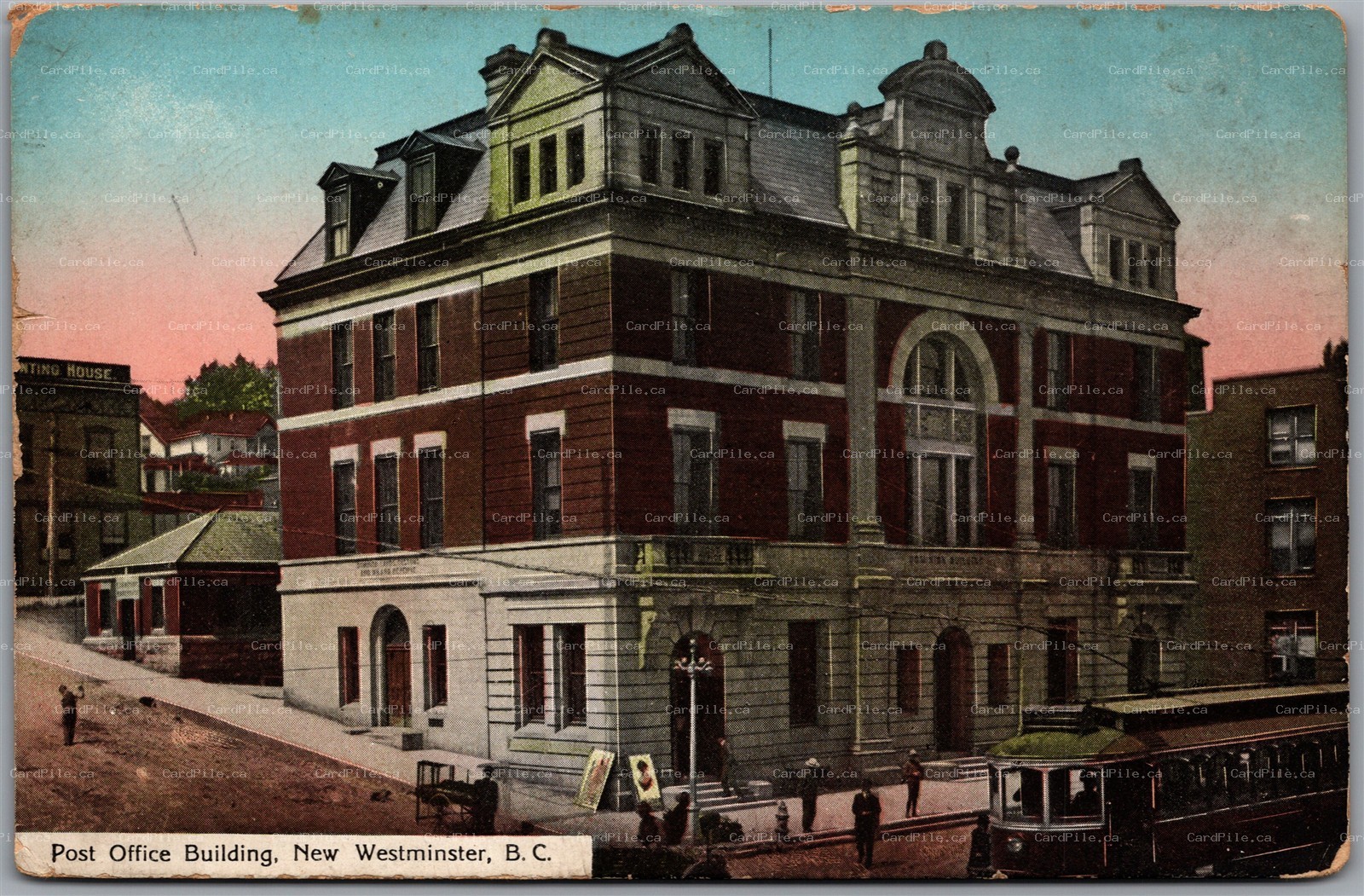 Postcard New Westminster British Columbia 1910s Post Office Building Trolley Car