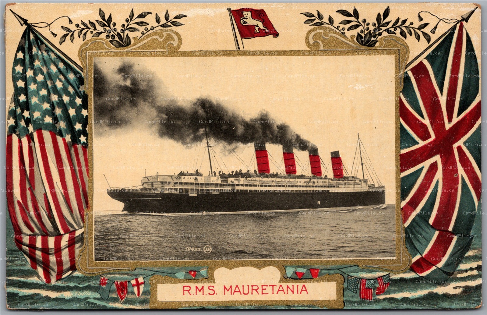 Postcard c1910s RMS Mauretania Cunard Line Patroitic Flags Border