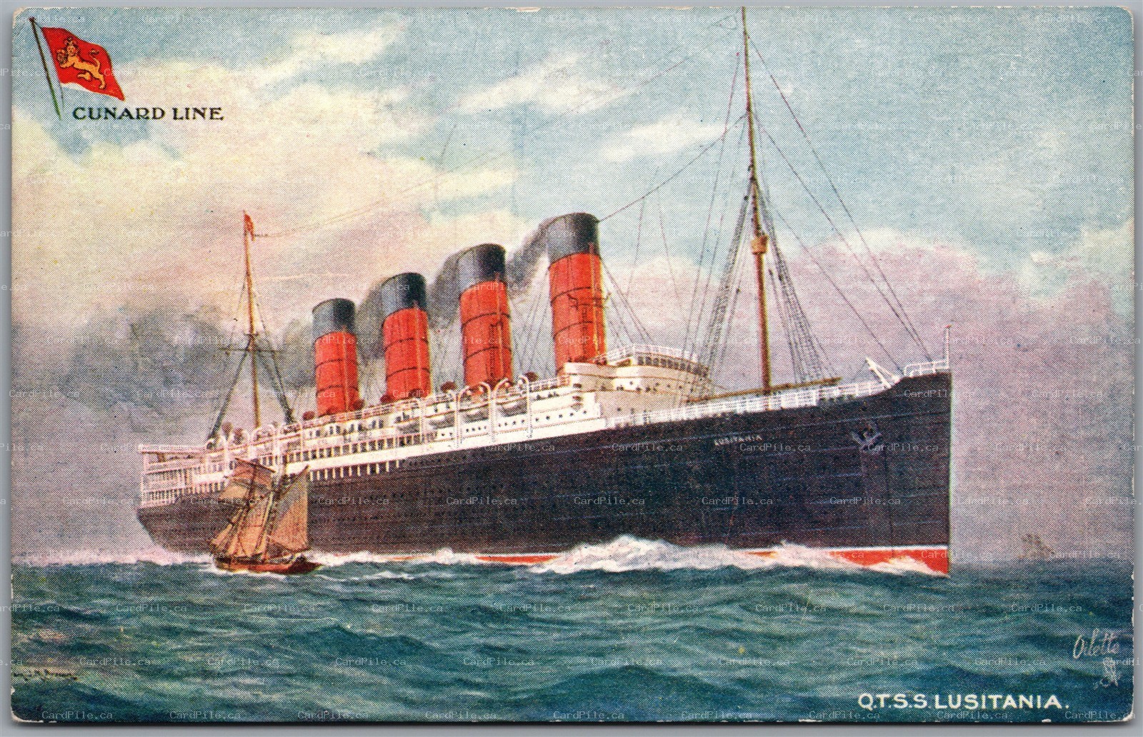 Postcard c1910s Q.T.S.S. Lusitania Cunard Liner Queenstown-Southampton Steamship
