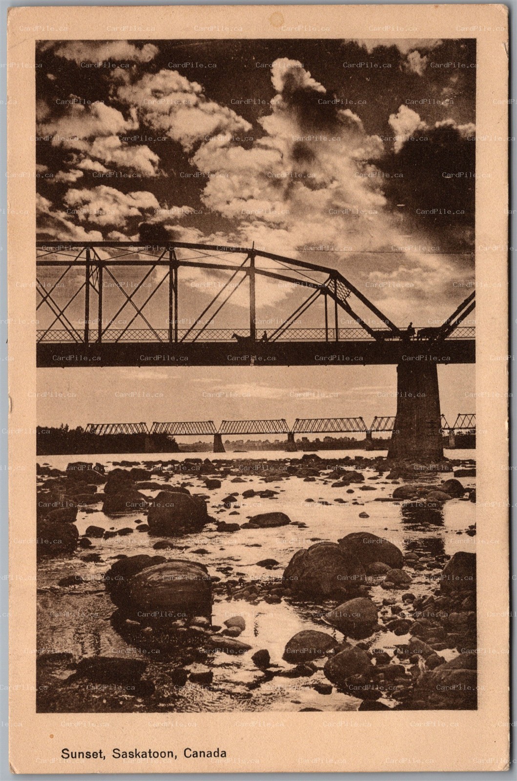 Postcard Saskatoon Saskatchewan c1910 Scenic Sunset View Bridges Horse Carriages