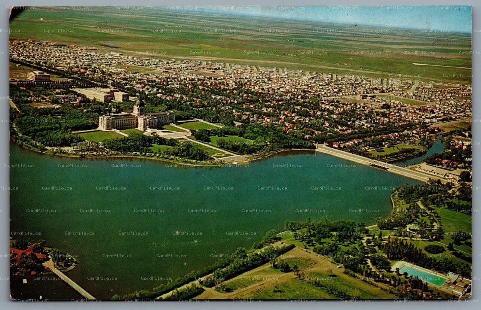 Postcard Regina SK c1960s Aerial View Of Parliament Buildings And Wascana Lake