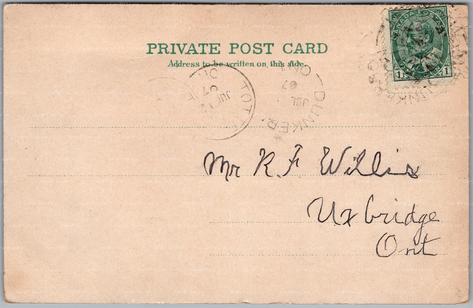 Postcard Split Ring Cancel c1907 Dunkerron Ontario to Uxbridge ONT
