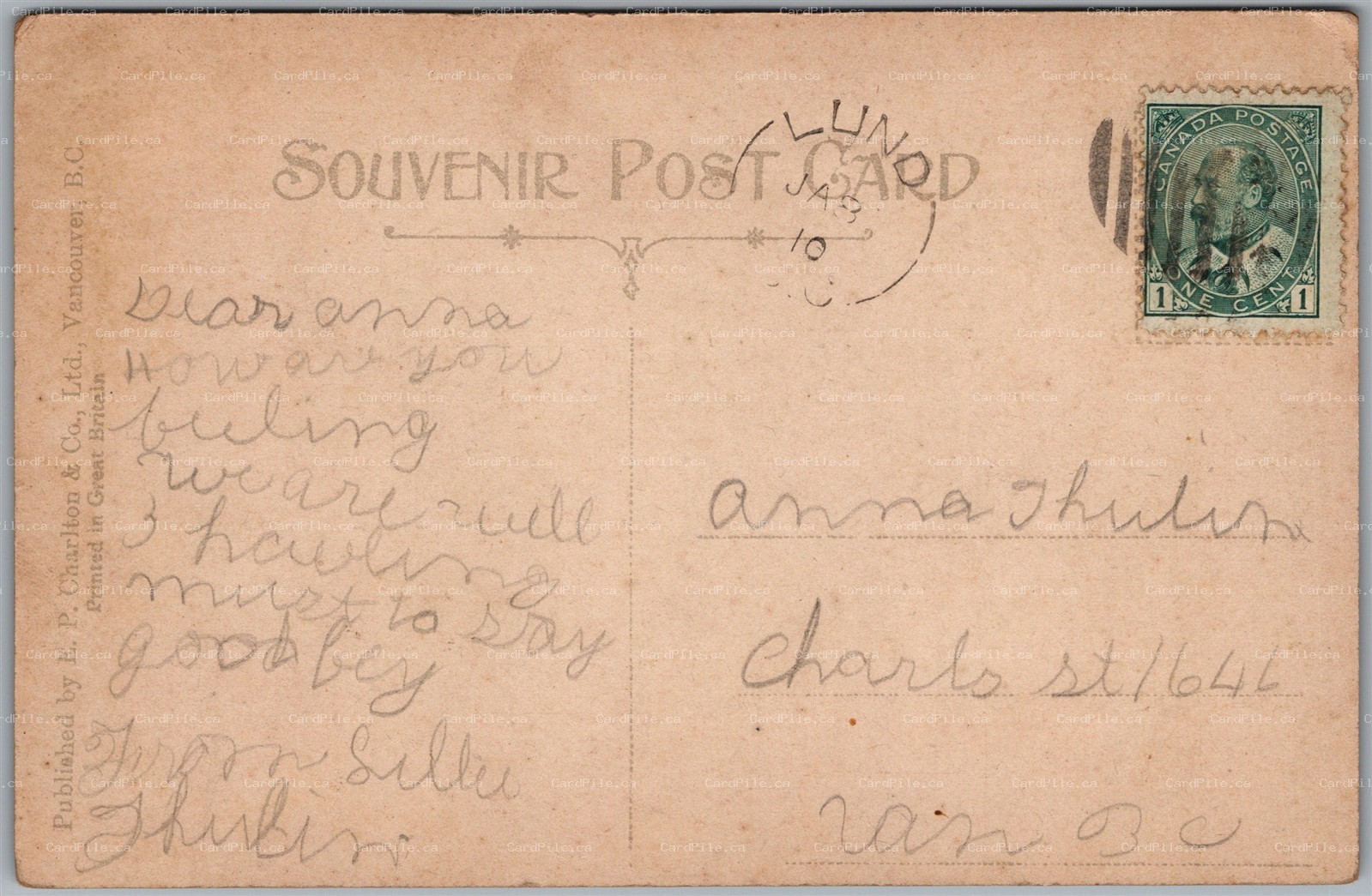 Postcard Split Ring Duplex Cancel c1910 Lund British Columbia General Hospital