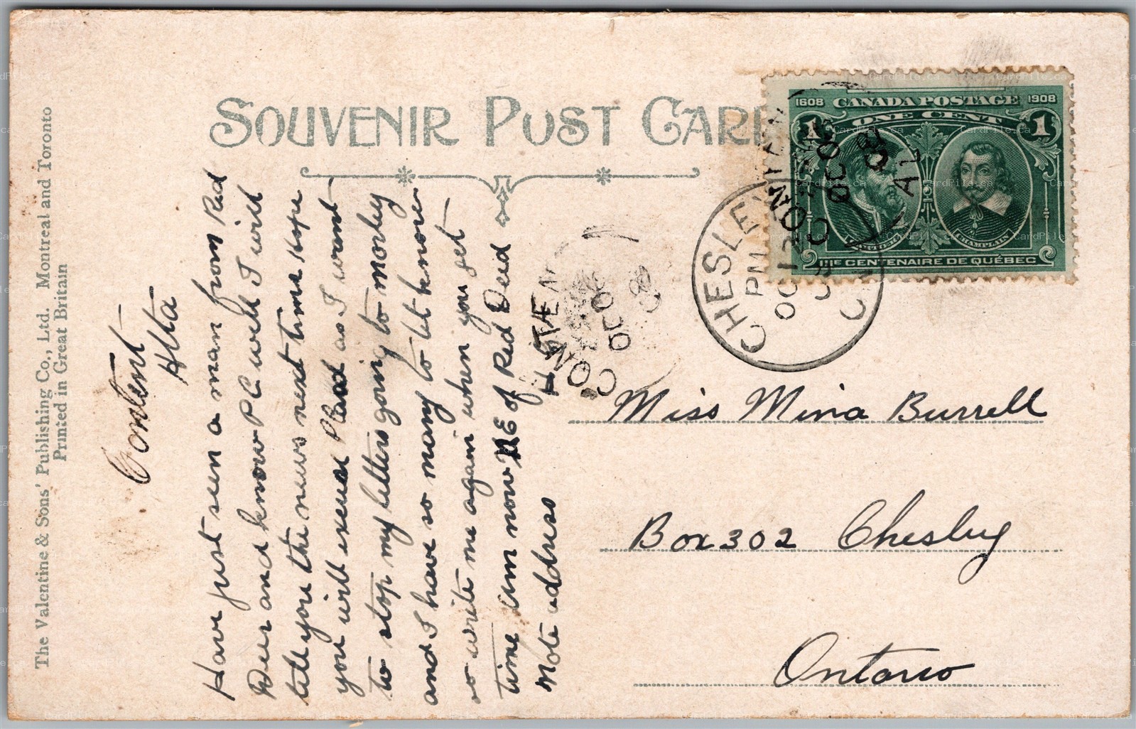 Postcard Split Ring Cancel c1908 SCARCE Content Alberta to Chesley Ontario