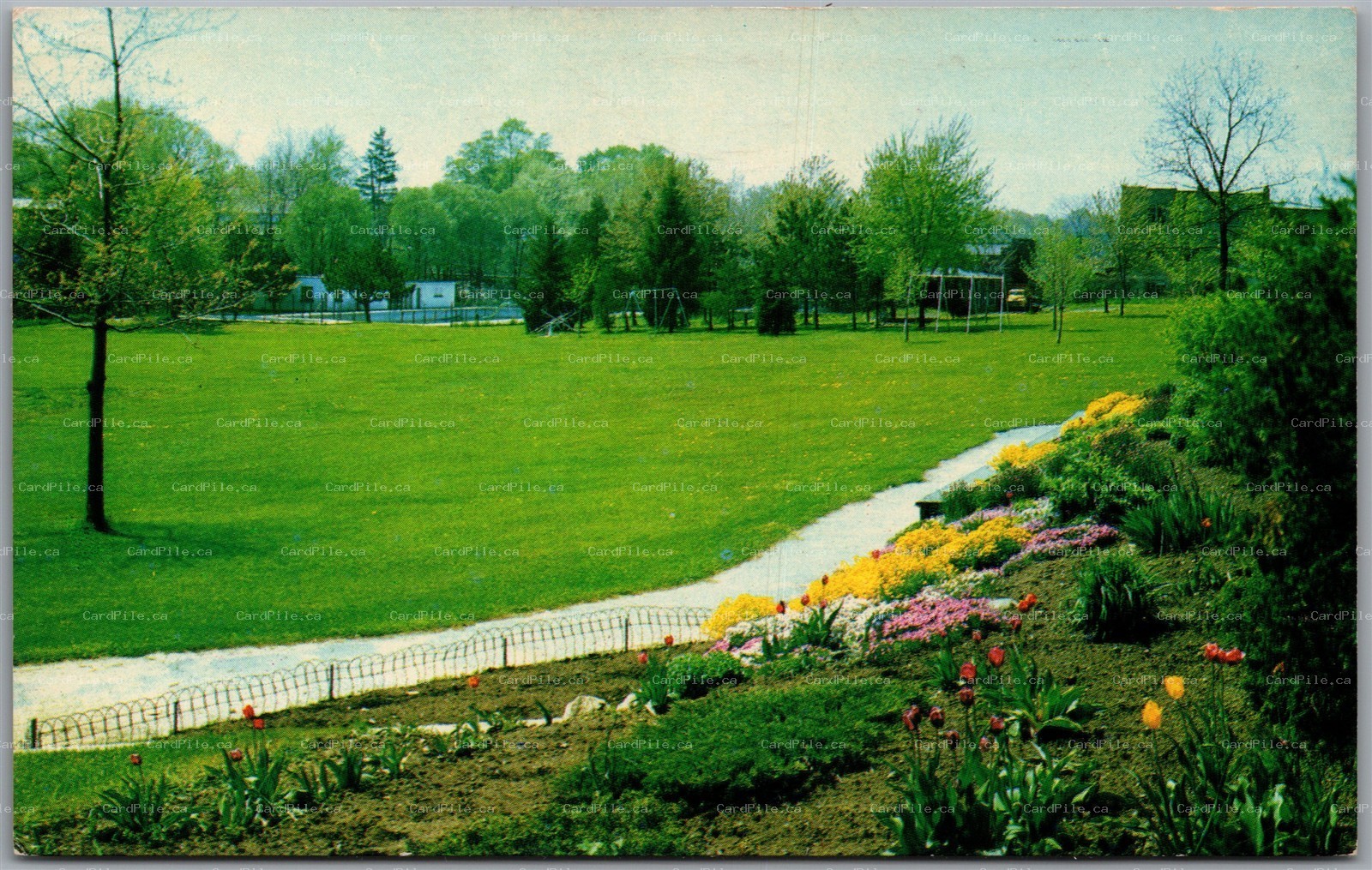 Postcard Aylmer Ontario Baltimore Park Scenic View Flowers Elgin County