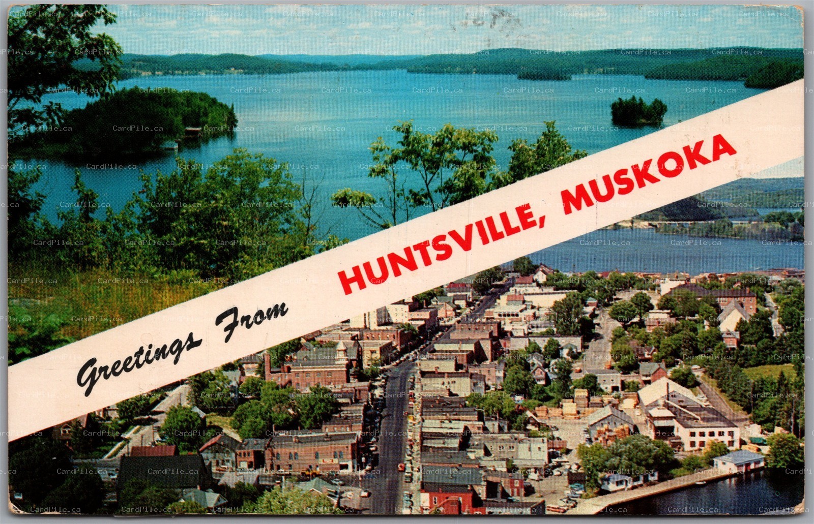 Postcard Greetings from Huntsville Ontario c1974 Dual View Muskoka District