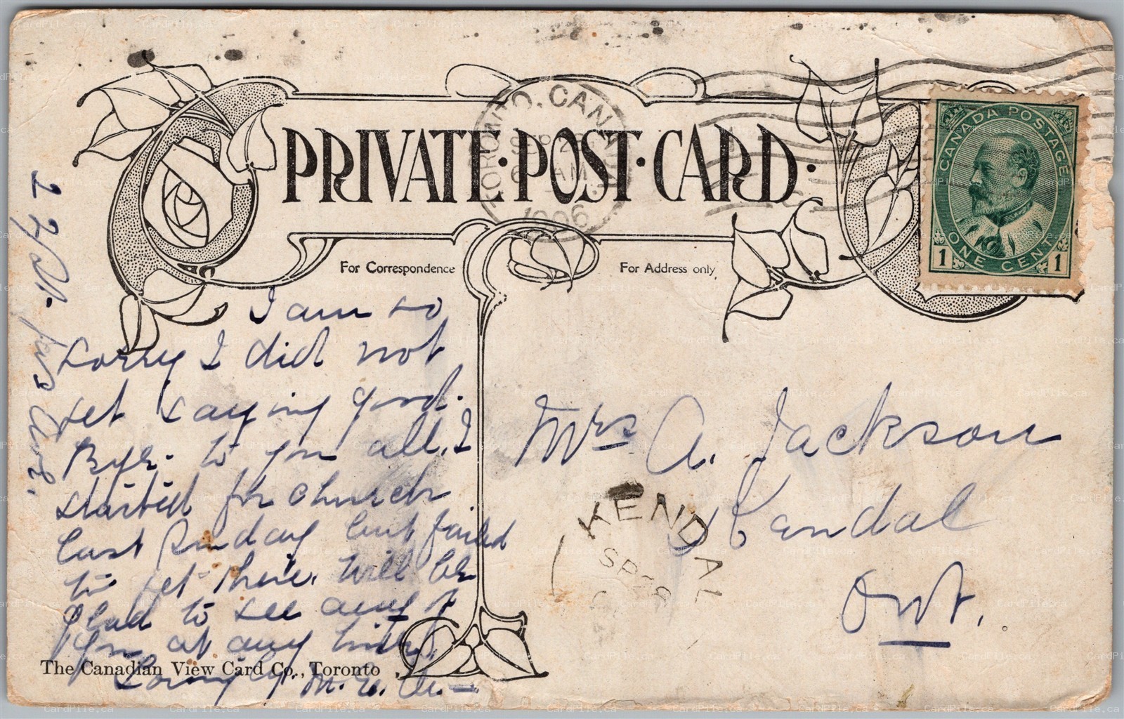 Postcard Split Ring Cancel c1906 Kendall Ontario on Toronto General Hospital