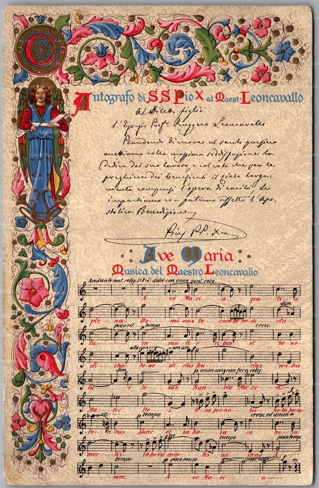 Postcard Ave Maria Leoncavallo Pope Pius X Pro Calabria Sheet Music Manuscript