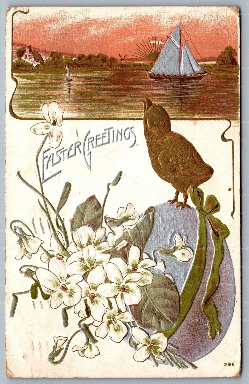Postcard c1910 Easter Greetings Embossed Chick on Egg Sailboat Lillies Scenic