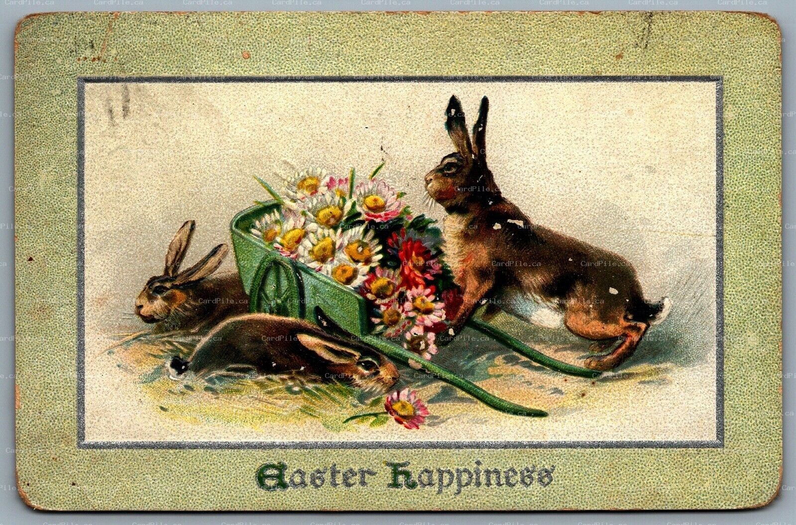 Postcard c1911 Easter Happiness Embossed Tuck Rabbits and Flower Cart Split Ring