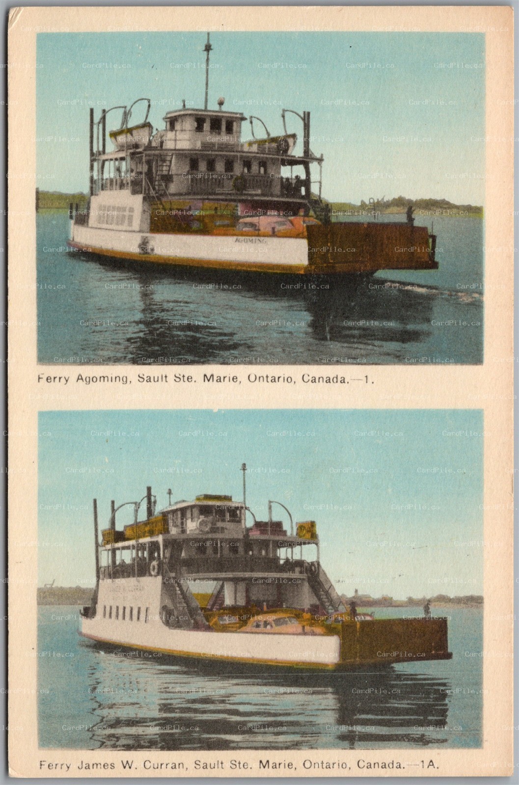 Postcard Sault Ste. Marie Ontario Ferries Agoming and James W. Curran PECO