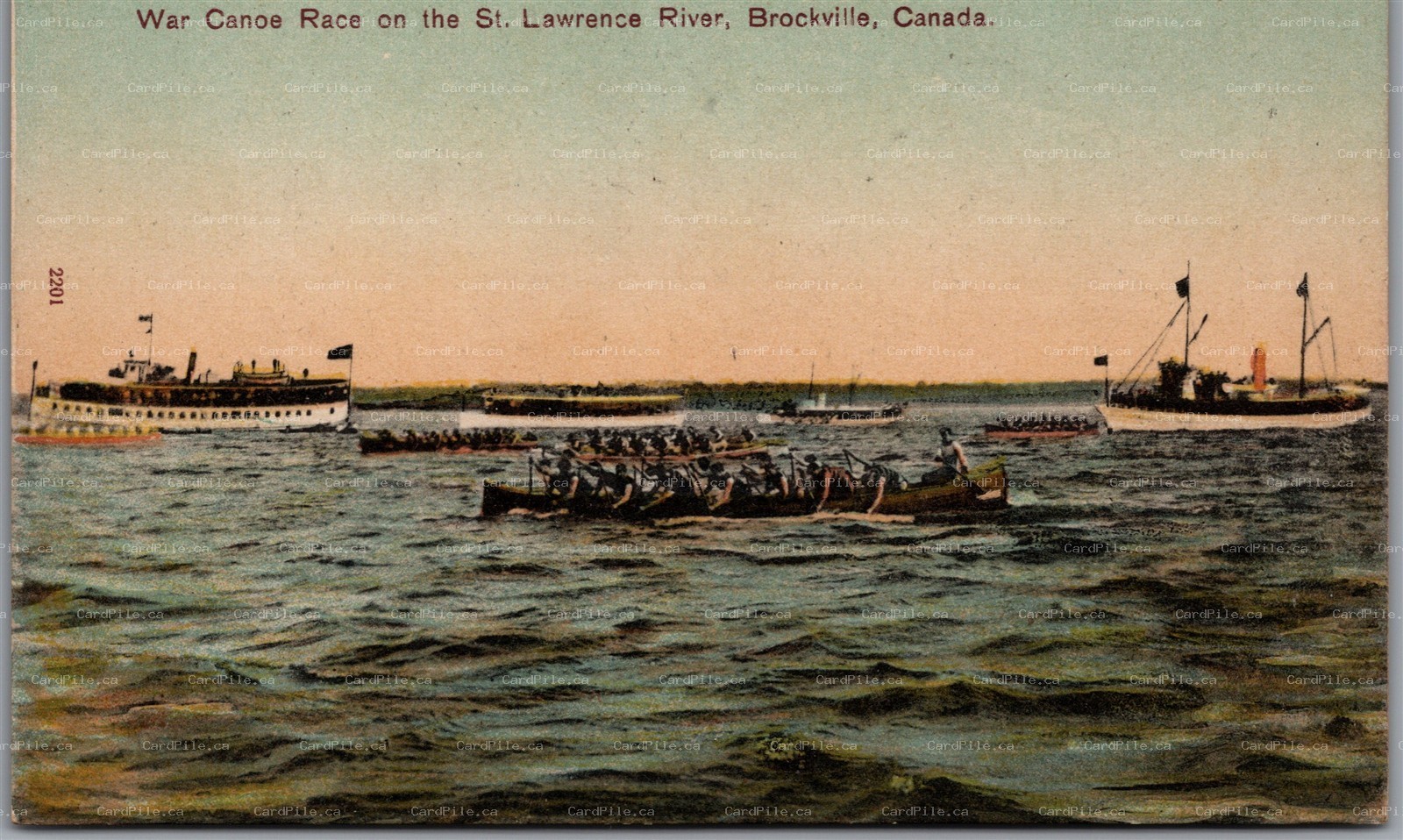 Postcard Brockville Ontario c1906 War Canoe on the St. Lawrence River Leeds