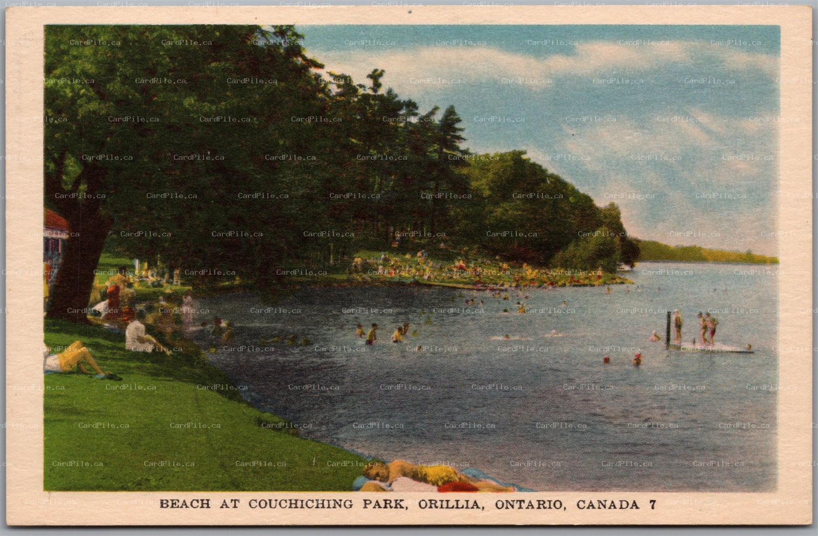 Postcard Orillia Ontario Beach at Couchiching Park Bathers Lake Simcoe County