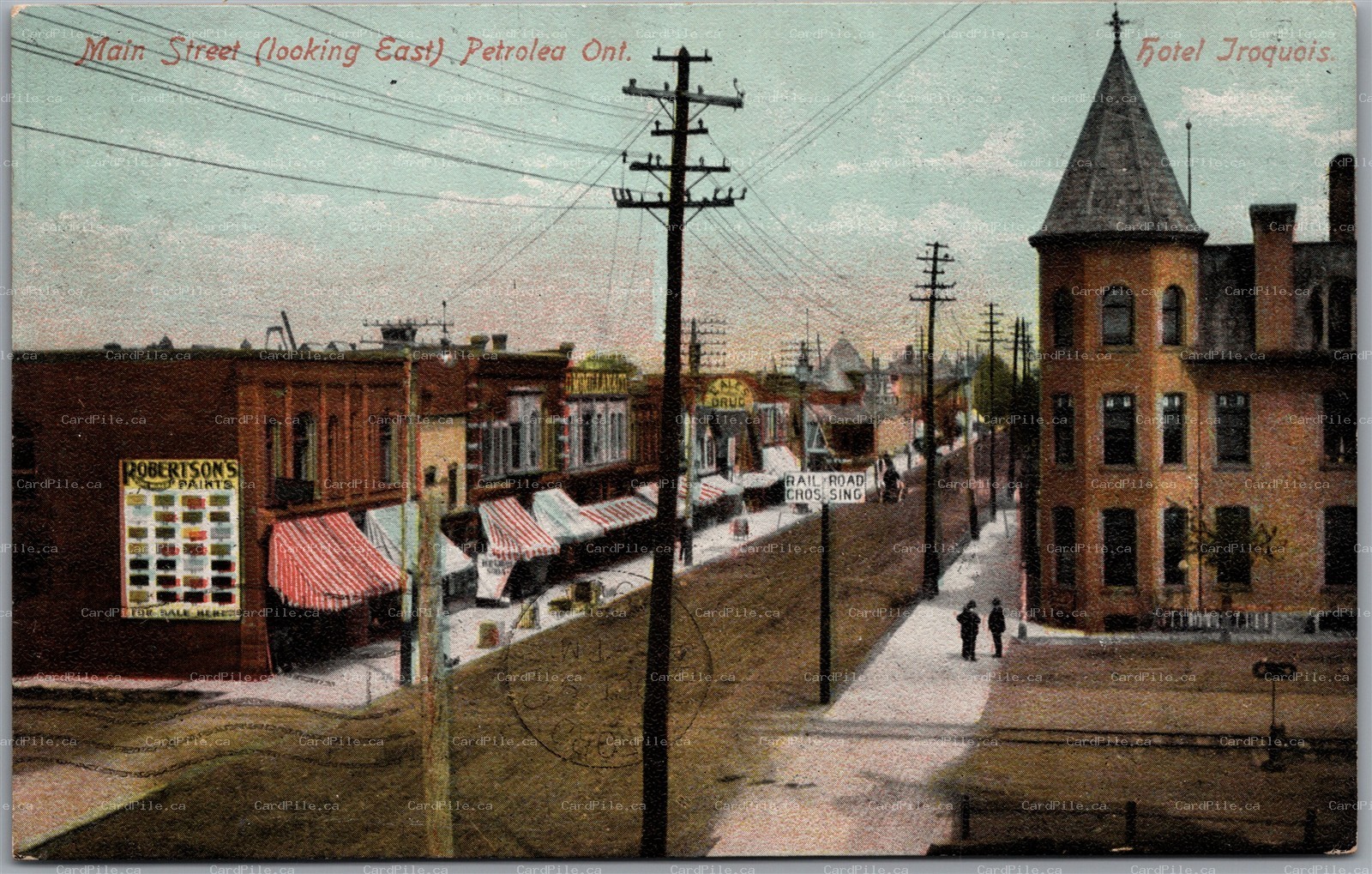 Postcard Petrolia Ontario c1907 Main Street Looking East Hotel Iroquois Bookery