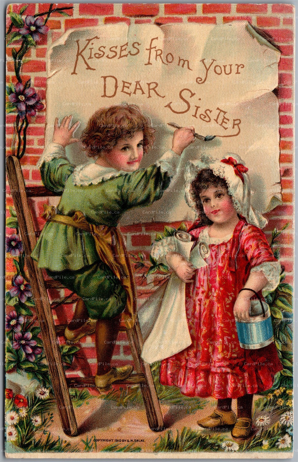 Postcard c1910 Kisses from Your Dear Sister Children Embossed S. M. Salke