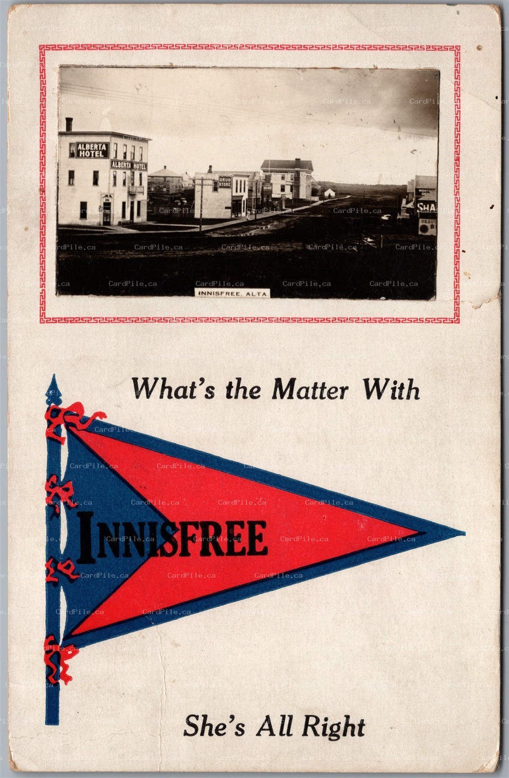 Postcard c1900s Innisfree Alberta Pennant Flag RPPC Inset Main Street Hotel