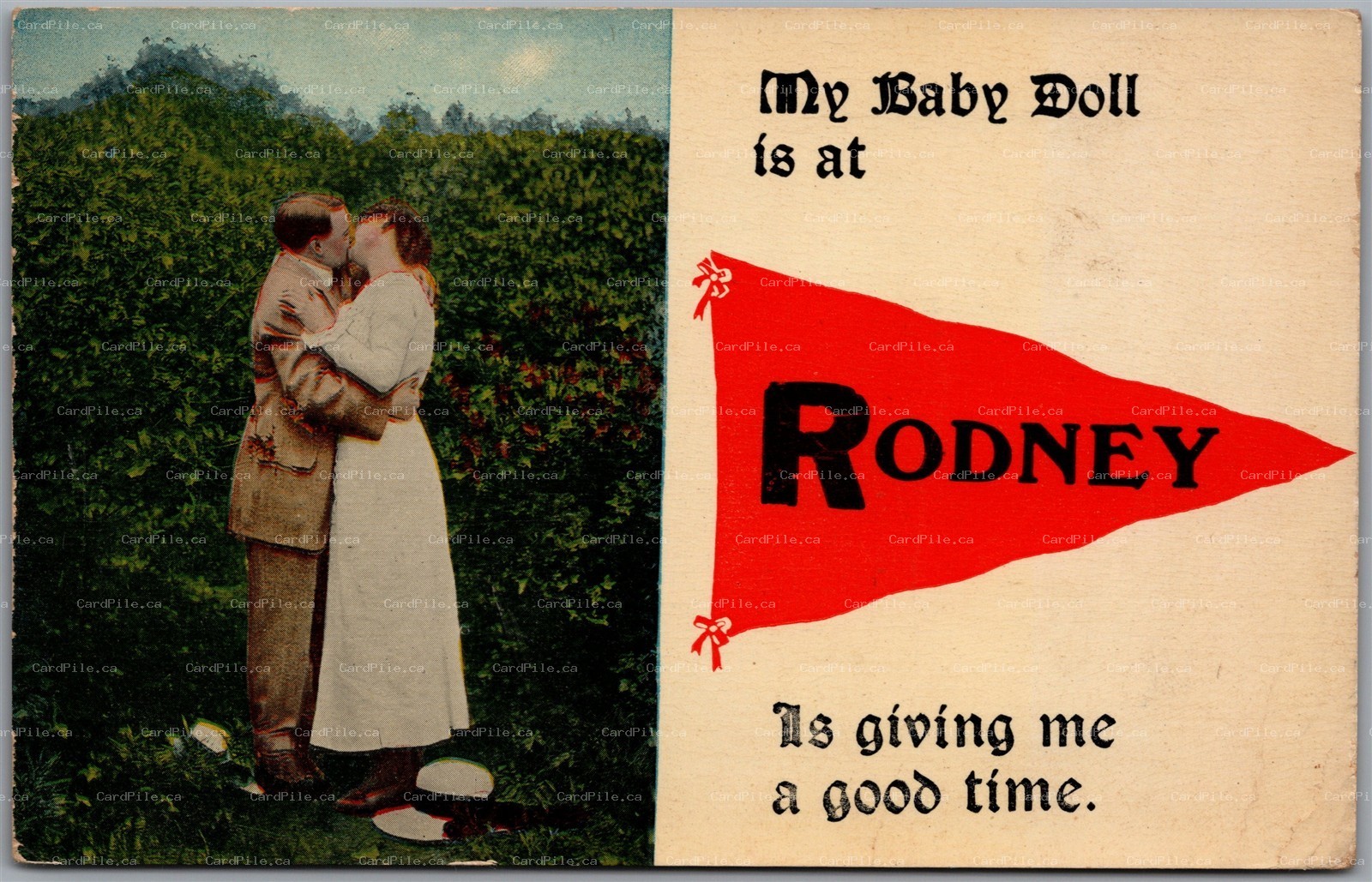 Postcard Rodney Ontario c1917 Pennant Flag Greetings Romance Baby Doll