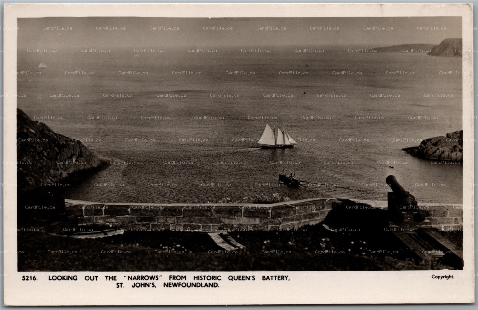 Postcard RPPC St. John's Newfoundland Narrows Queen's Battery Cannon Schooner