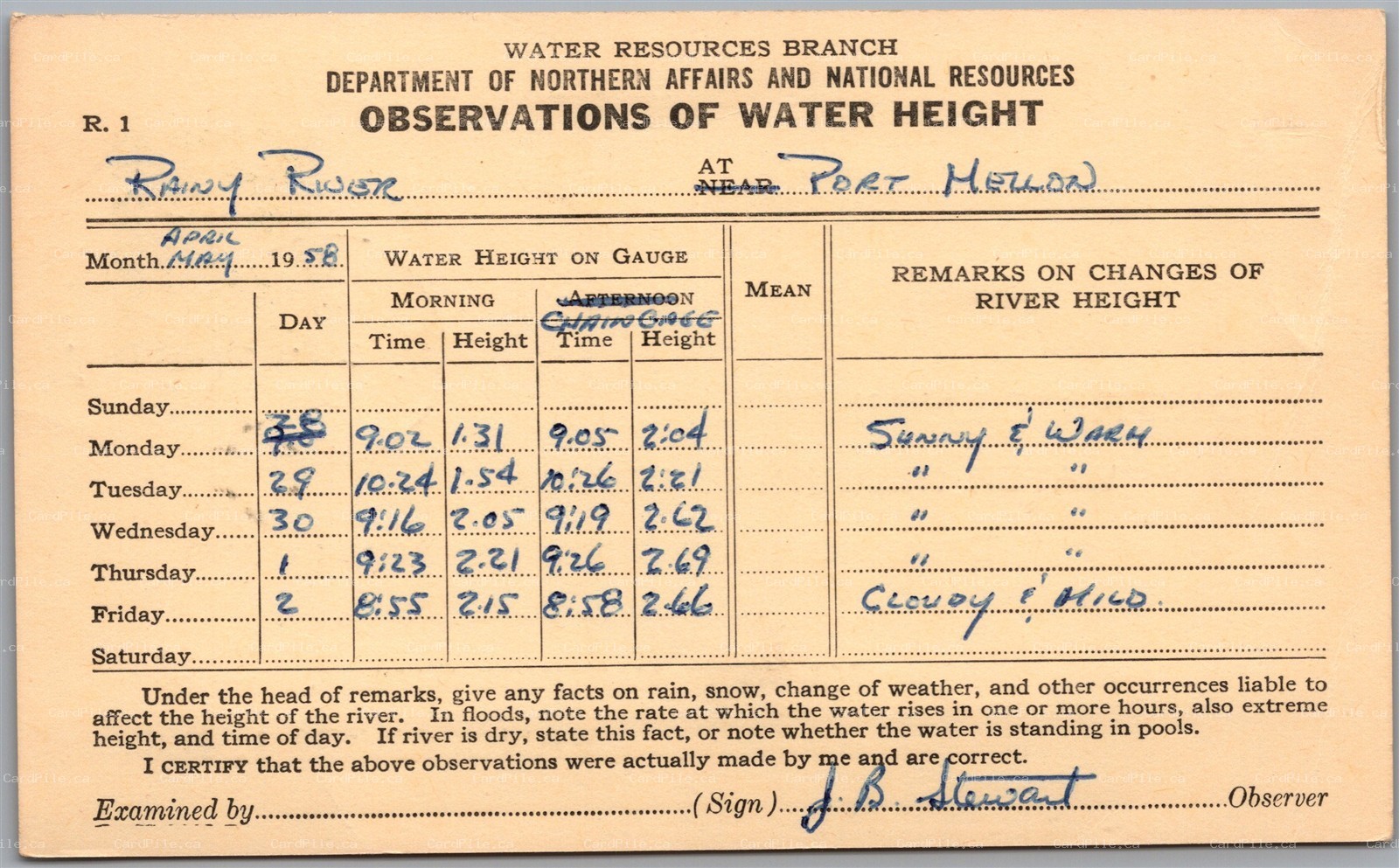 Postcard Port Mellon BC 1958 Rainy River Water Height Government Survey Form