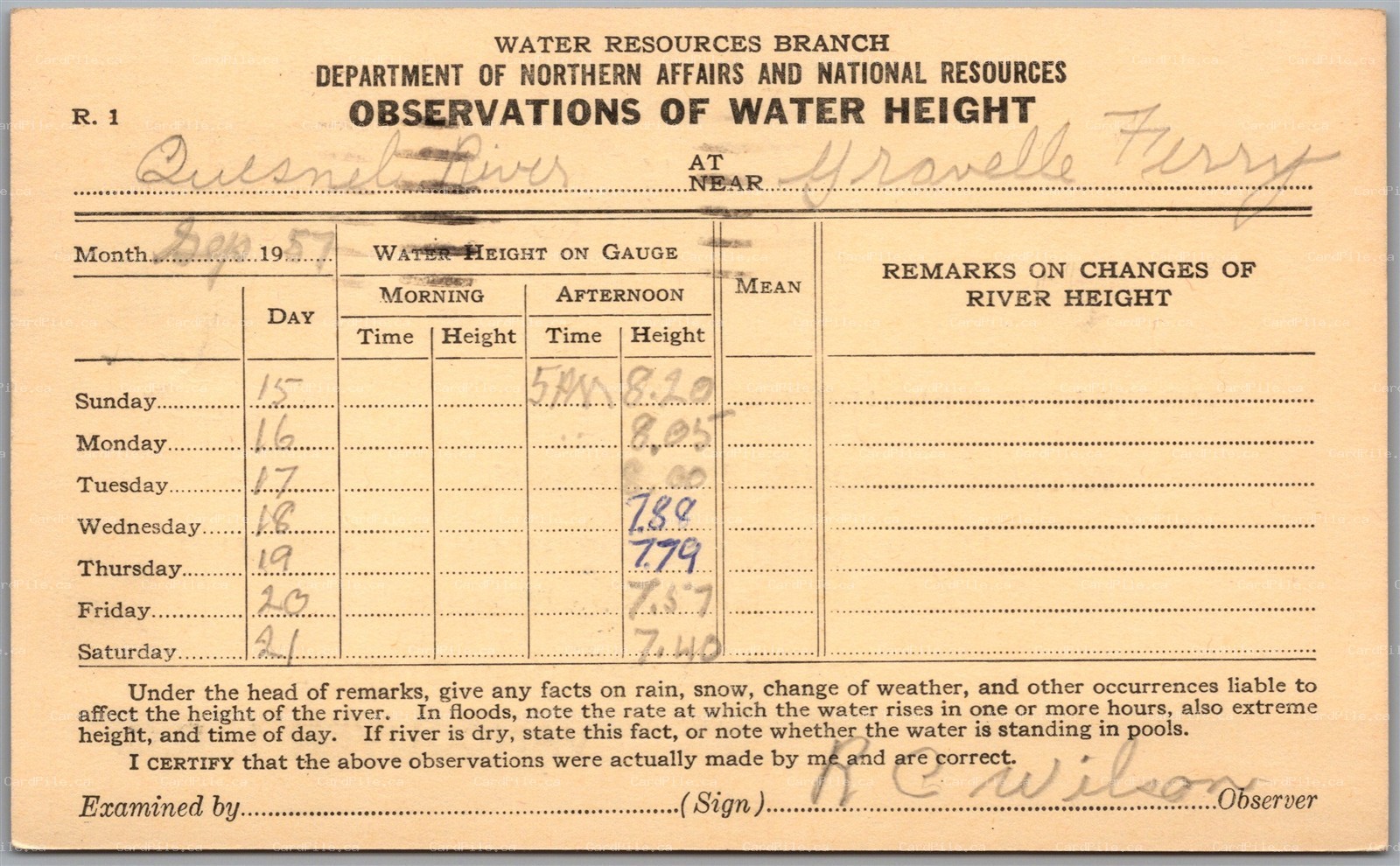 Postcard Quesnel River BC 1957 Gravelle Ferry Water Height Government Survey