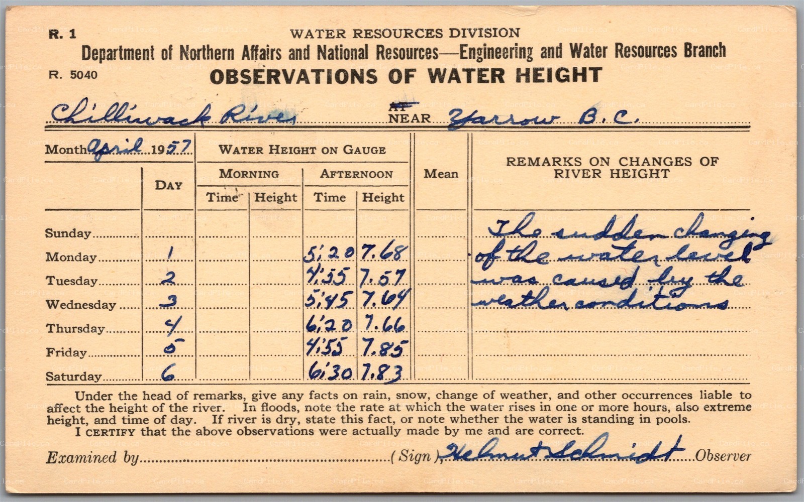 Postcard Yarrow BC 1957 Chilliwack River Water Height Government Survey Form