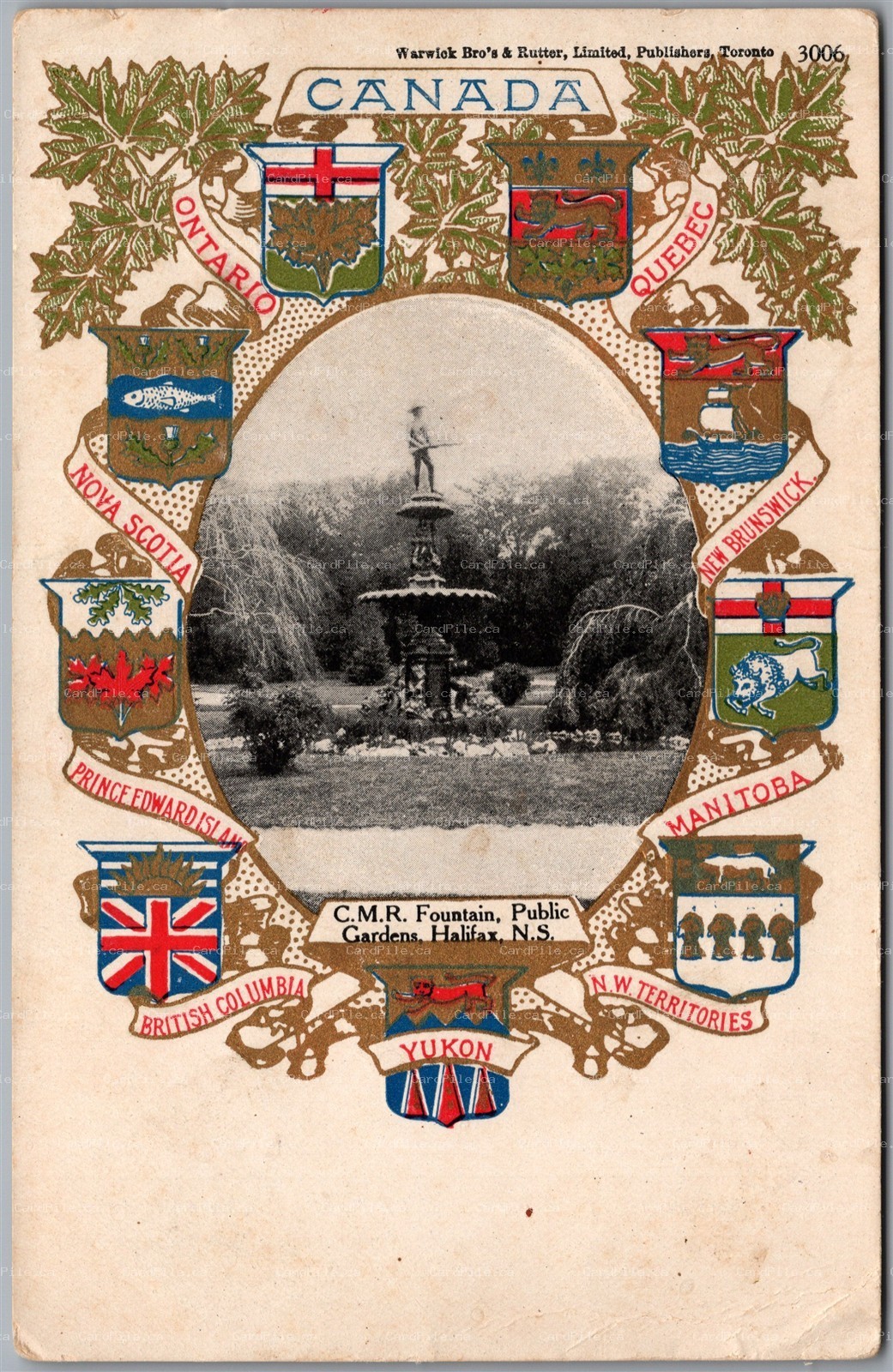 Postcard Halifax Nova Scotia CMR Fountain Public Gardens Patriotic Coat of Amrs