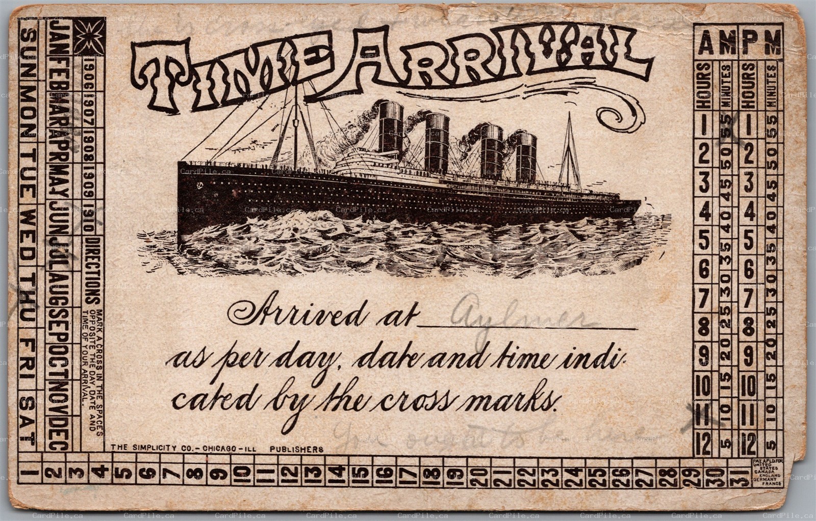 Postcard PMK Aylmer West Ontario c1910 Time of Arrival Ocean Liner Novelty