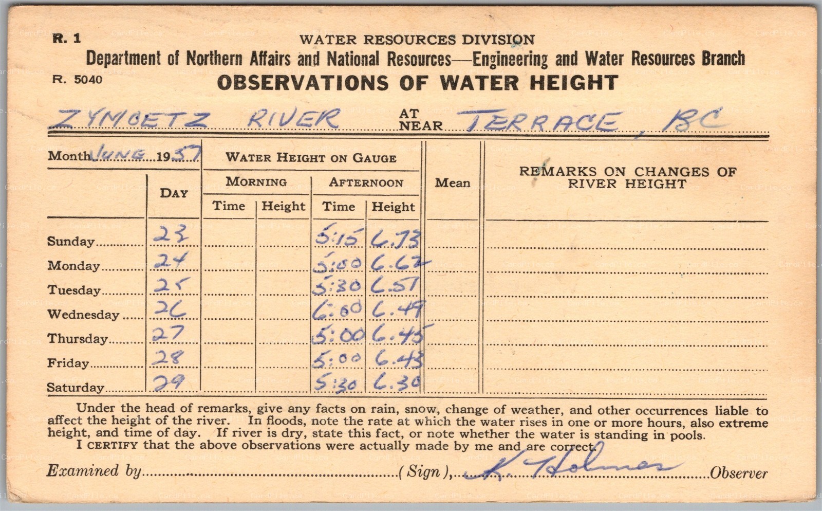 Postcard Zymoetz River BC 1957 Terrace BC Water Height Government Survey Form