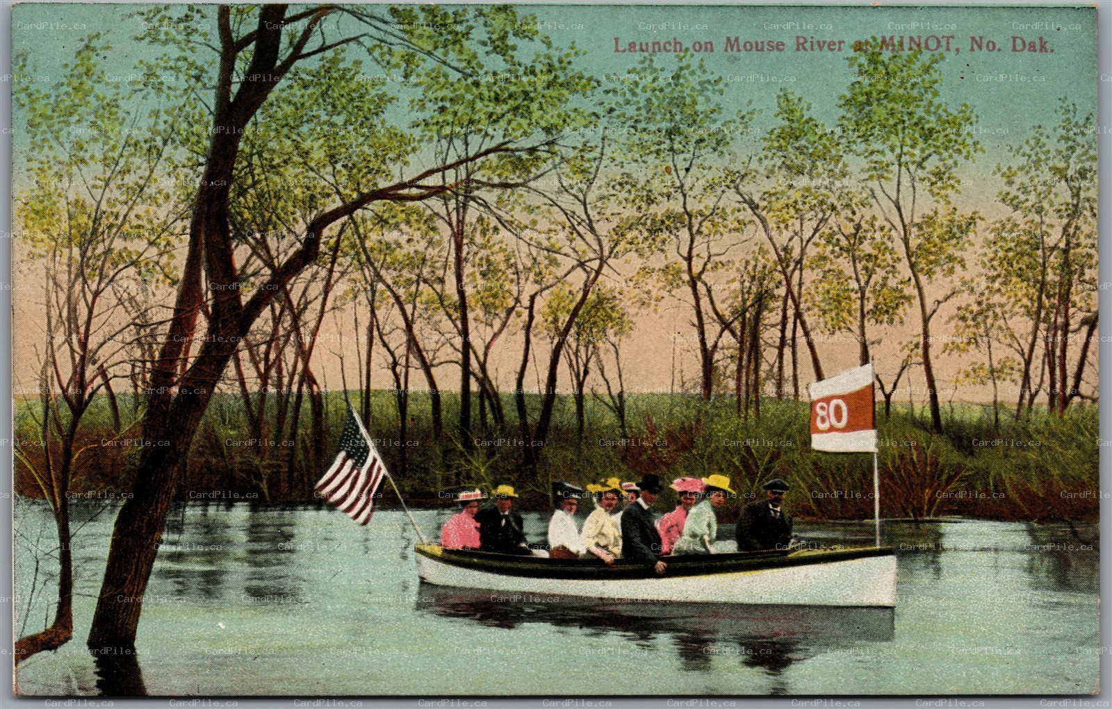 Postcard Minot North Dakota c1910s Launch on Mouse River Boating Scenic View