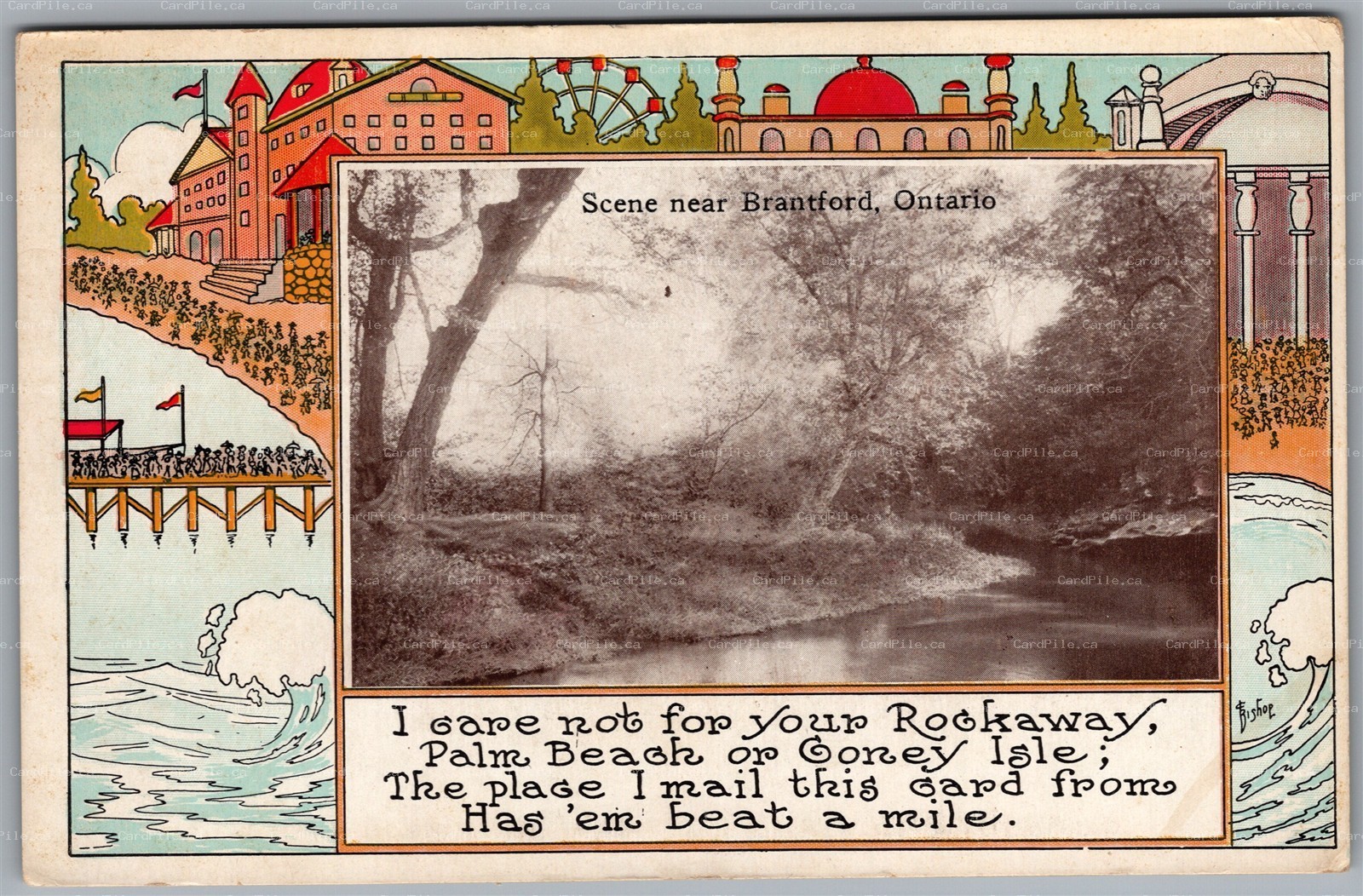 Postcard Brantford Ontario c1910s Scenic View Humor Verse Artist Signed Bishop