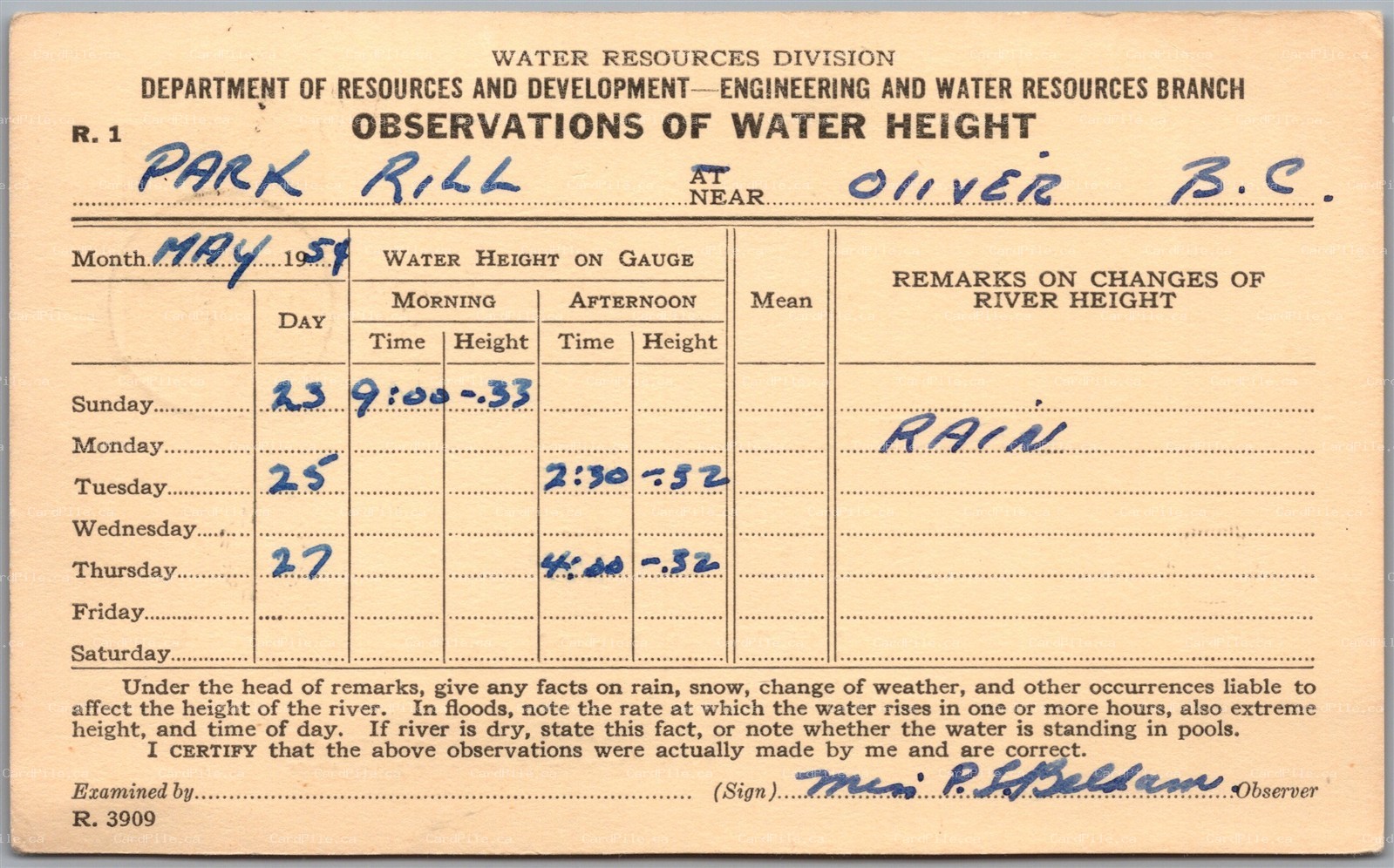 Postcard Park Rill BC 1951 Oliver Water Height Government Survey Form