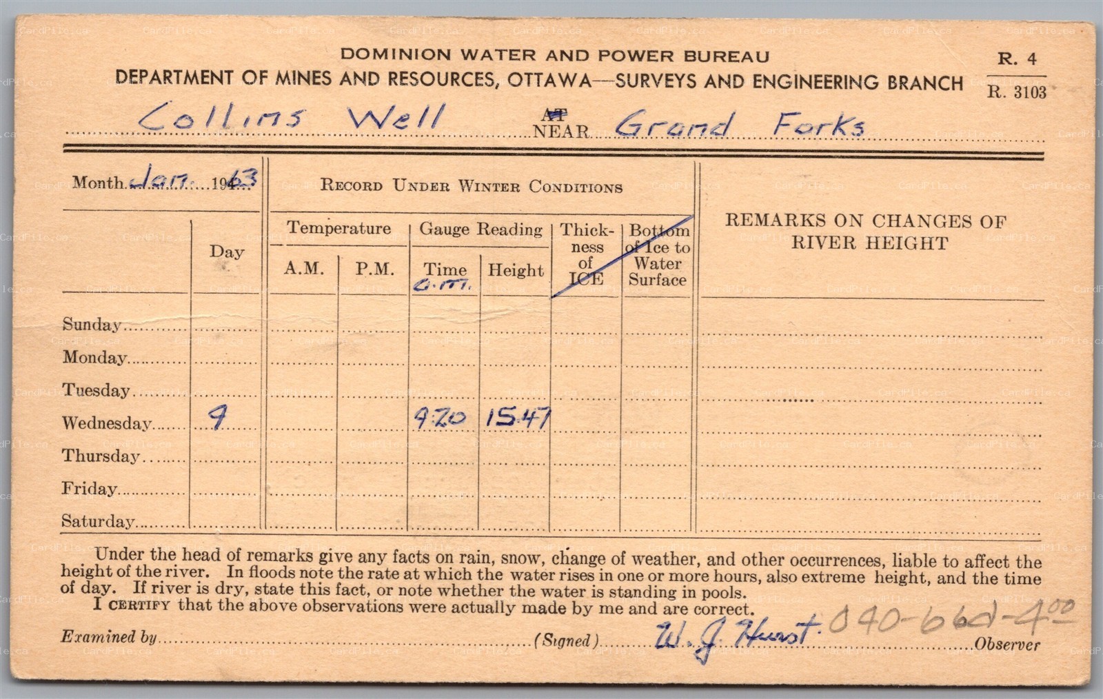 Postcard Collins Well BC 1963 Grand Forks Water Height Government Survey Form
