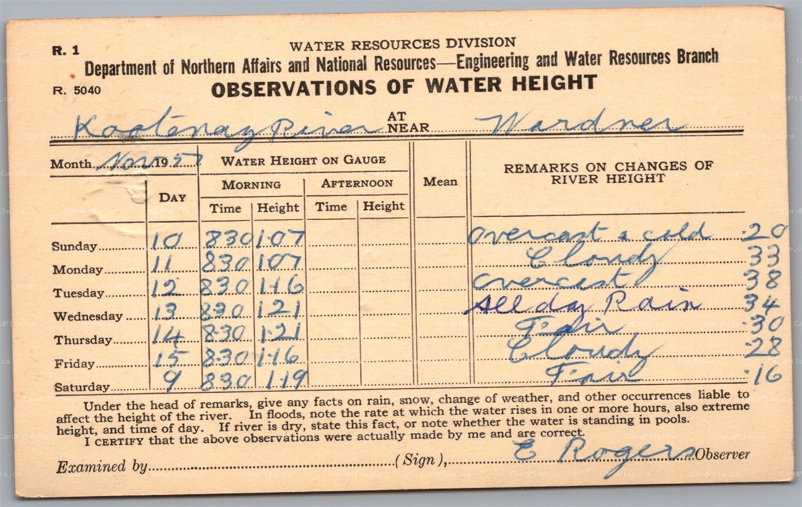 Postcard Kootenay River BC 1957 Wardner Water Height Government Survey Form