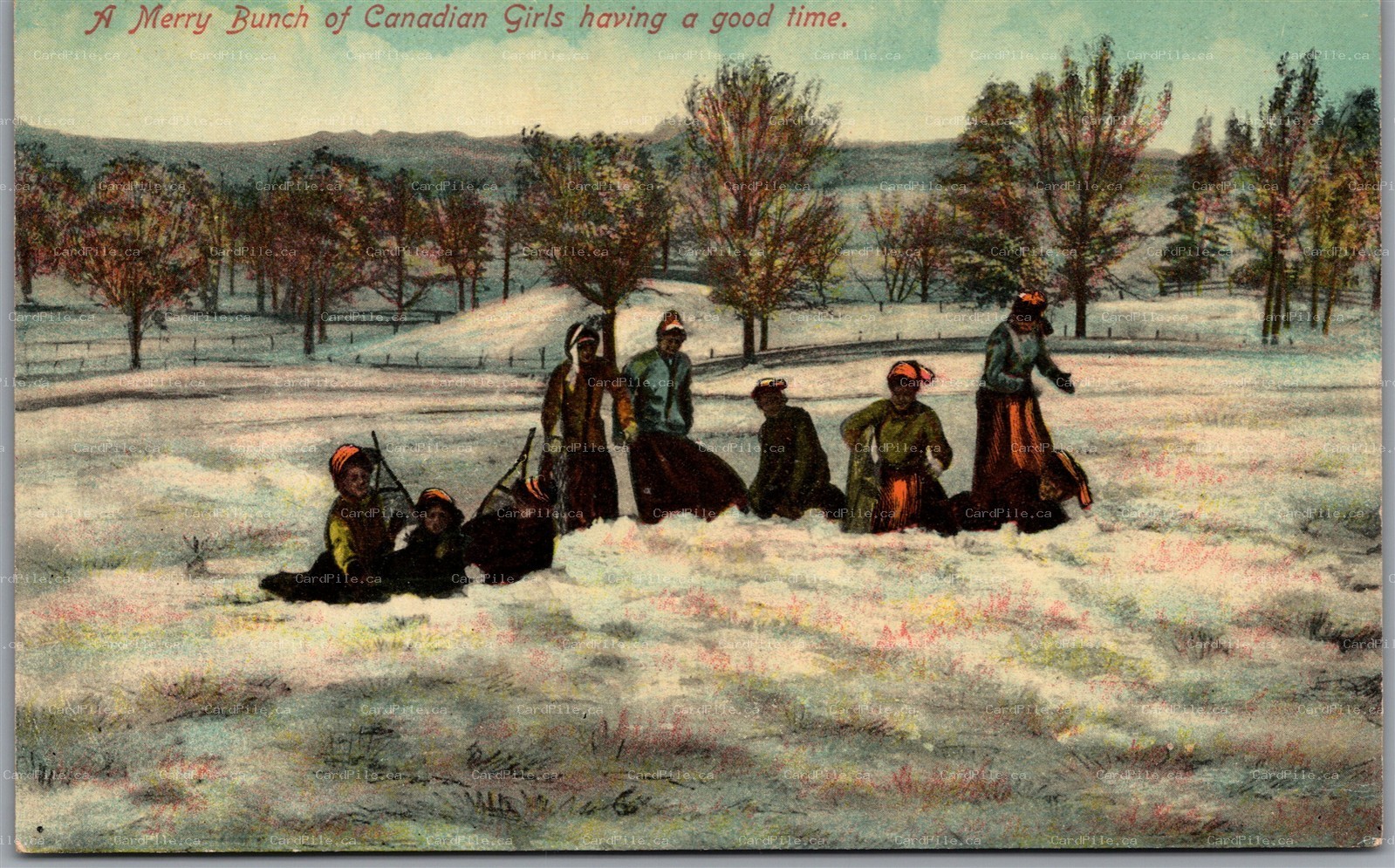 Postcard A Merry Bunch of Canadian Girls Having a Good Time Winter Scenic View