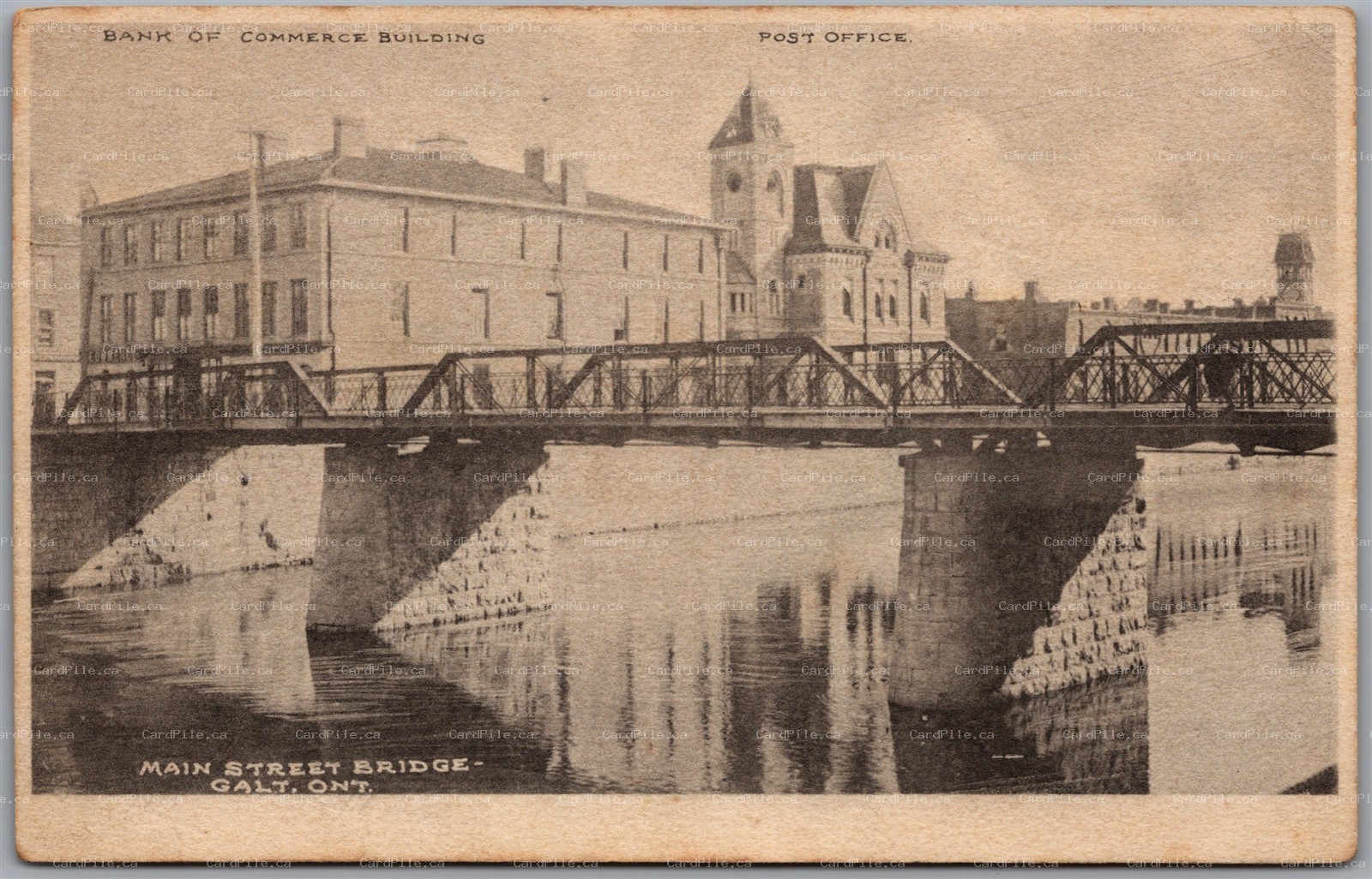 Postcard Galt Ontario Main Street Bridge Bank of Commerce Post Office