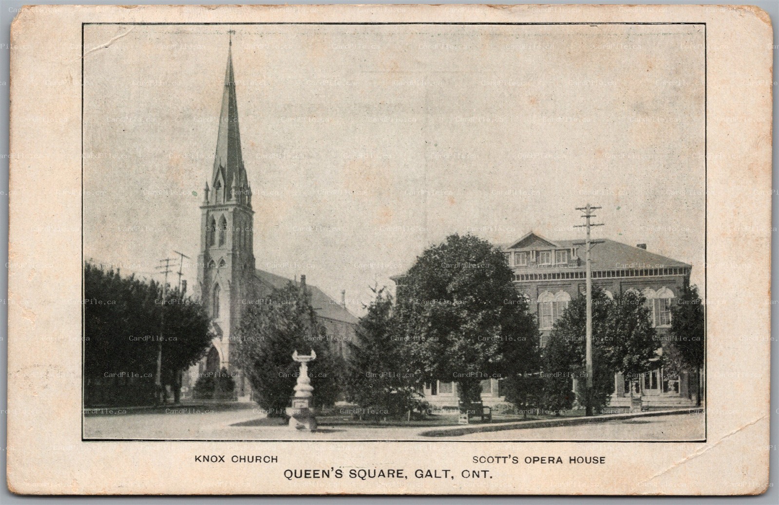 Postcard Galt Ontario c1906 Queen's Square Knox Church Scott's Opera House