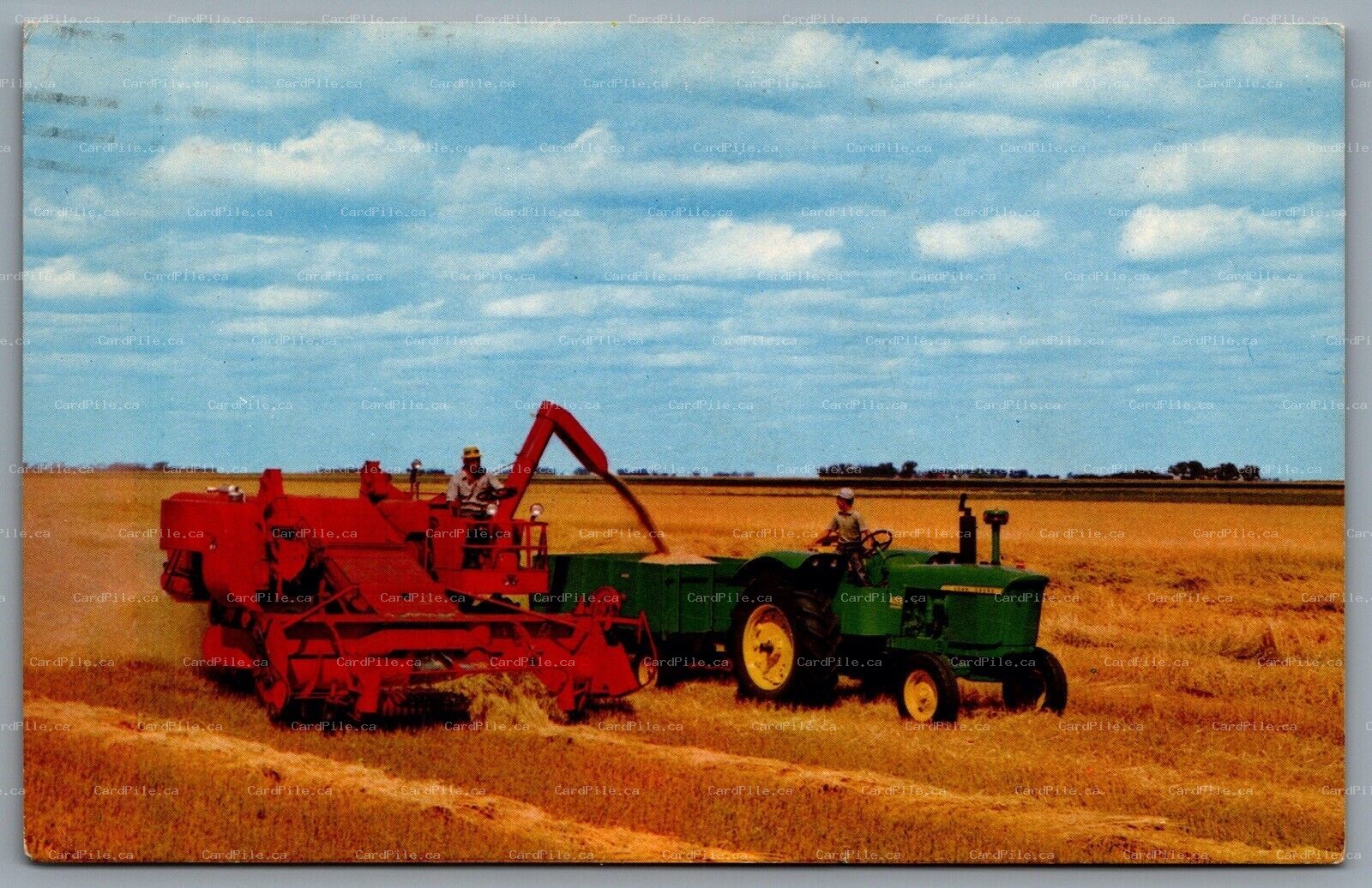 Postcard Plum Coulee MB c1967 Harvesting In Manitoba John Deere Tractor