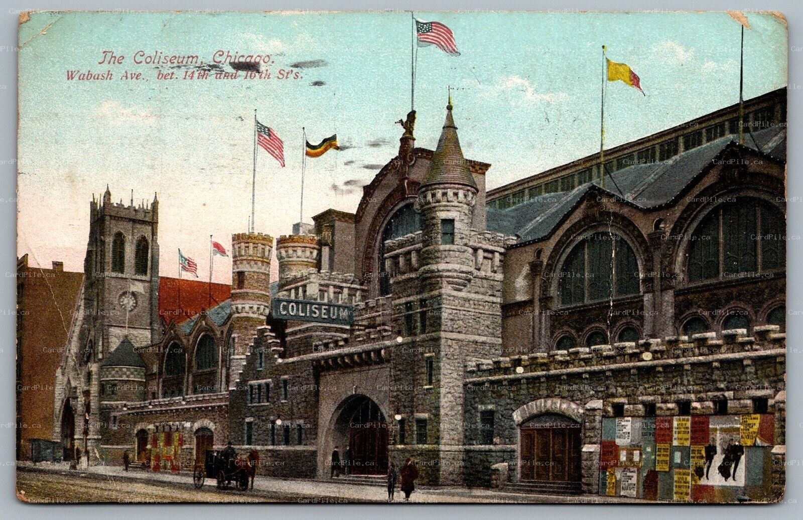Postcard Chicago Illinois c1908 The Coliseum Wabash Ave Demolished Country Flags