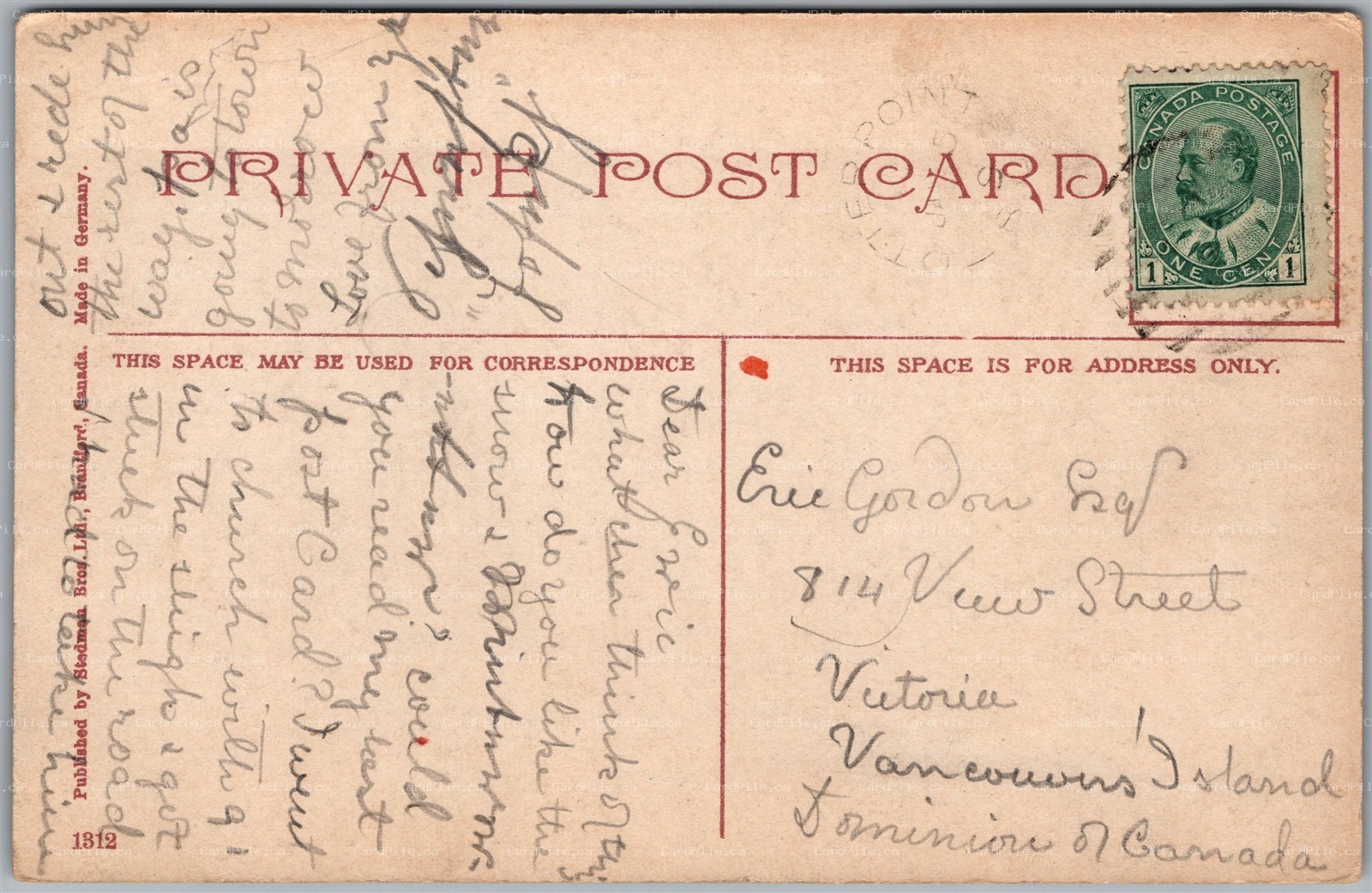 Postcard Split Ring Cancel c1909 Otter Point British Columbia to Victoria BC