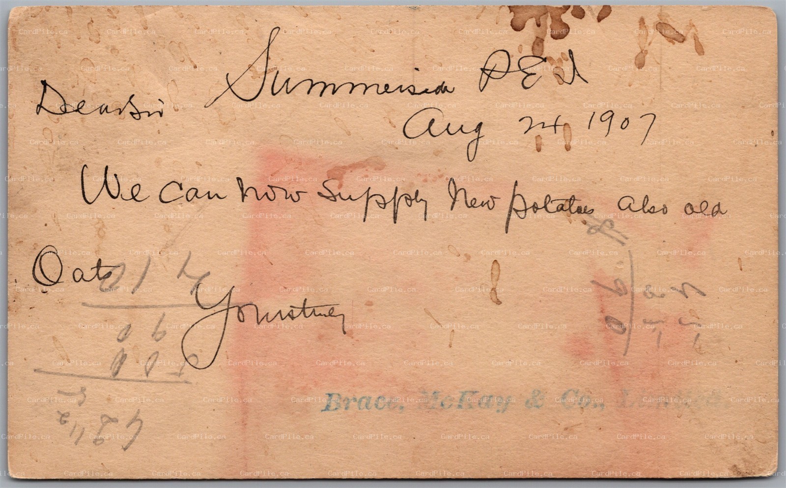 Postcard Summerside PEI c1907 Brace McKay & Co. to Isaacs Harbor Nova Scotia