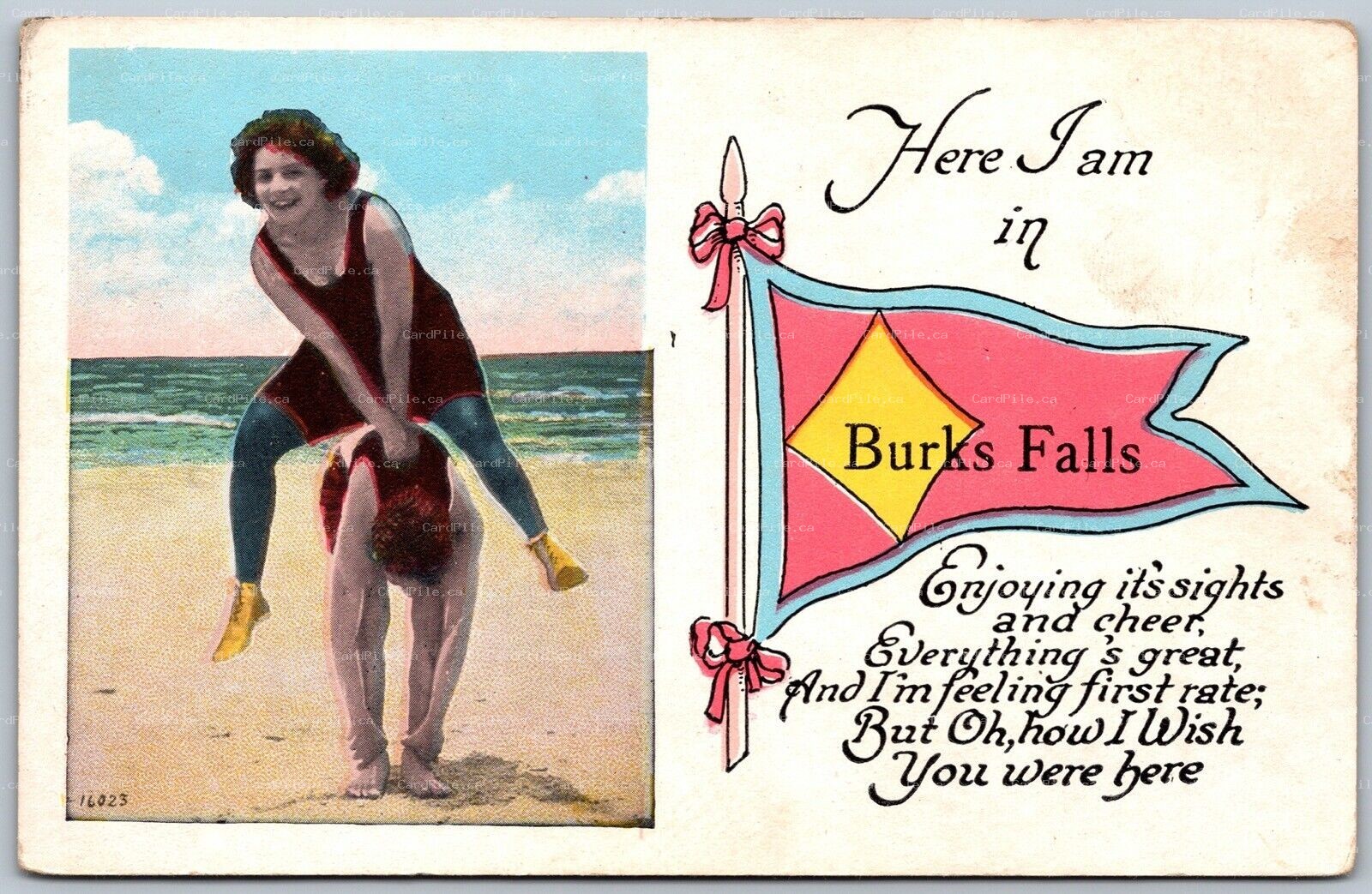 Postcard c1920s Here I am in Burk’s Falls Ontario Pennant Wish You Were Here PSD