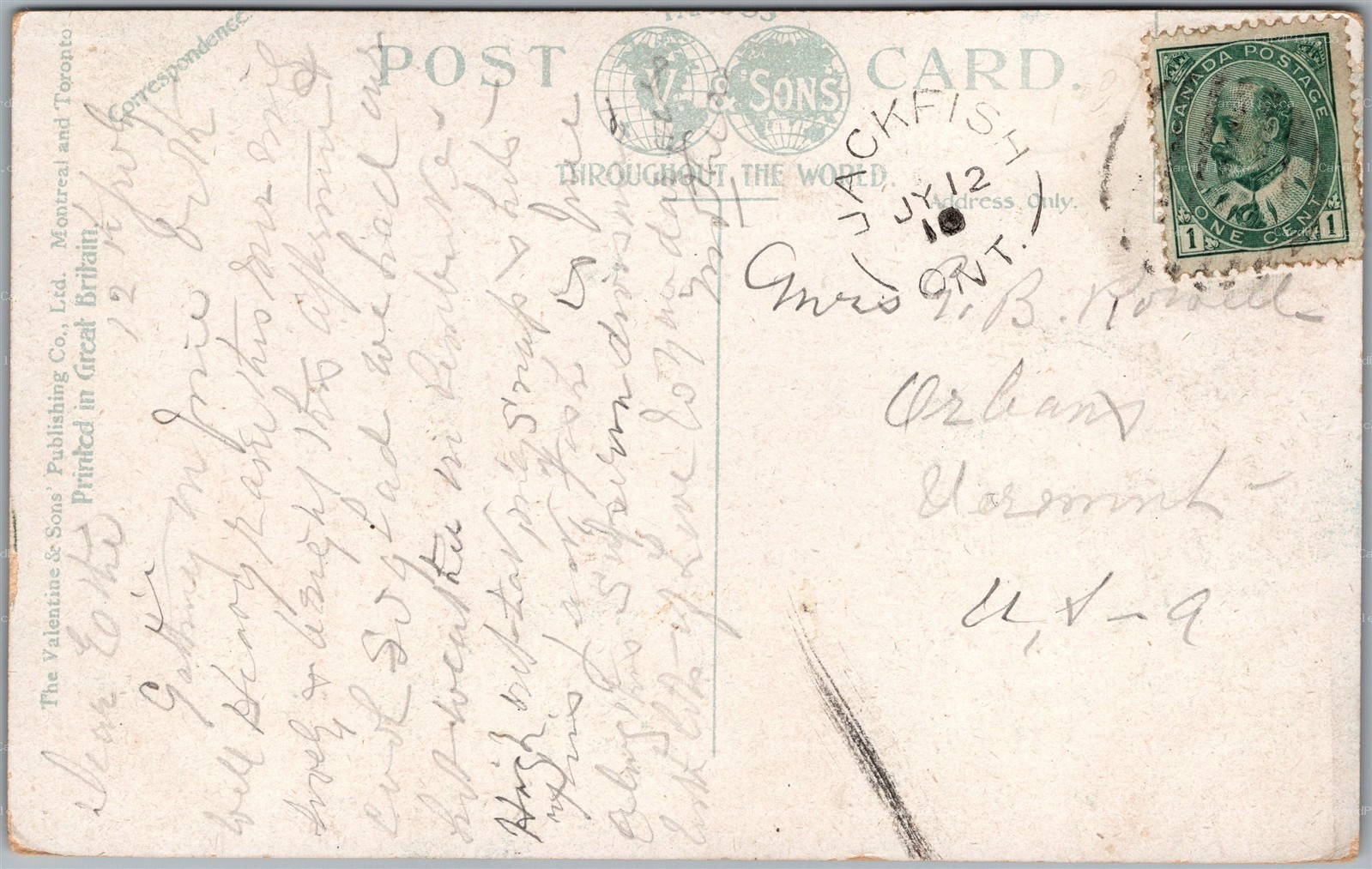 Postcard Split Ring Cancel c1910 Jackfish Ontario to Orleans Vermont THB