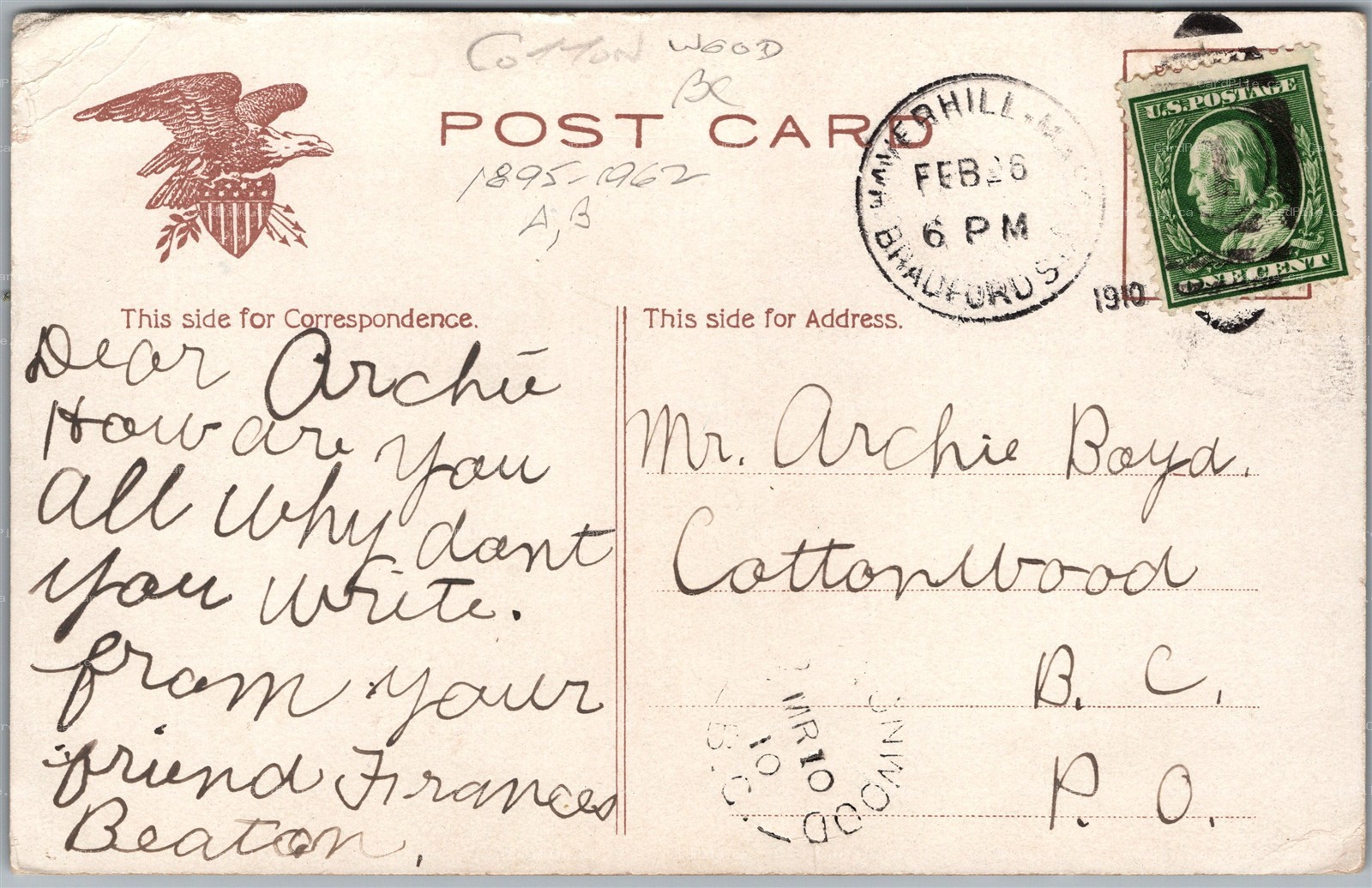 Postcard Split Ring Cancel 1910 Cottonwood British Columbia from Haverhill Mass.