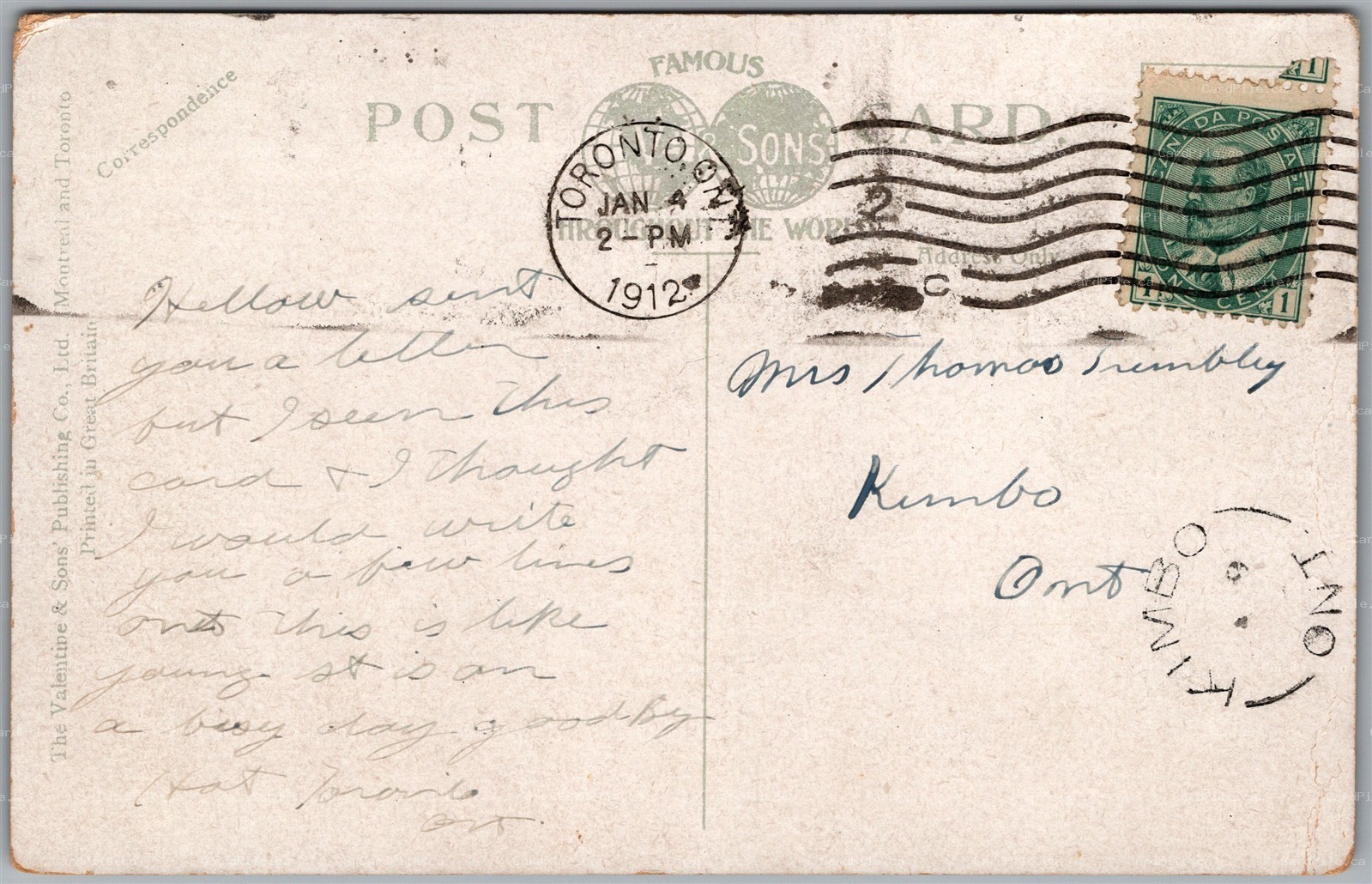 Postcard Split Ring Cancel c1912 Kimbo Ontario from Toronto Orange Day Parade